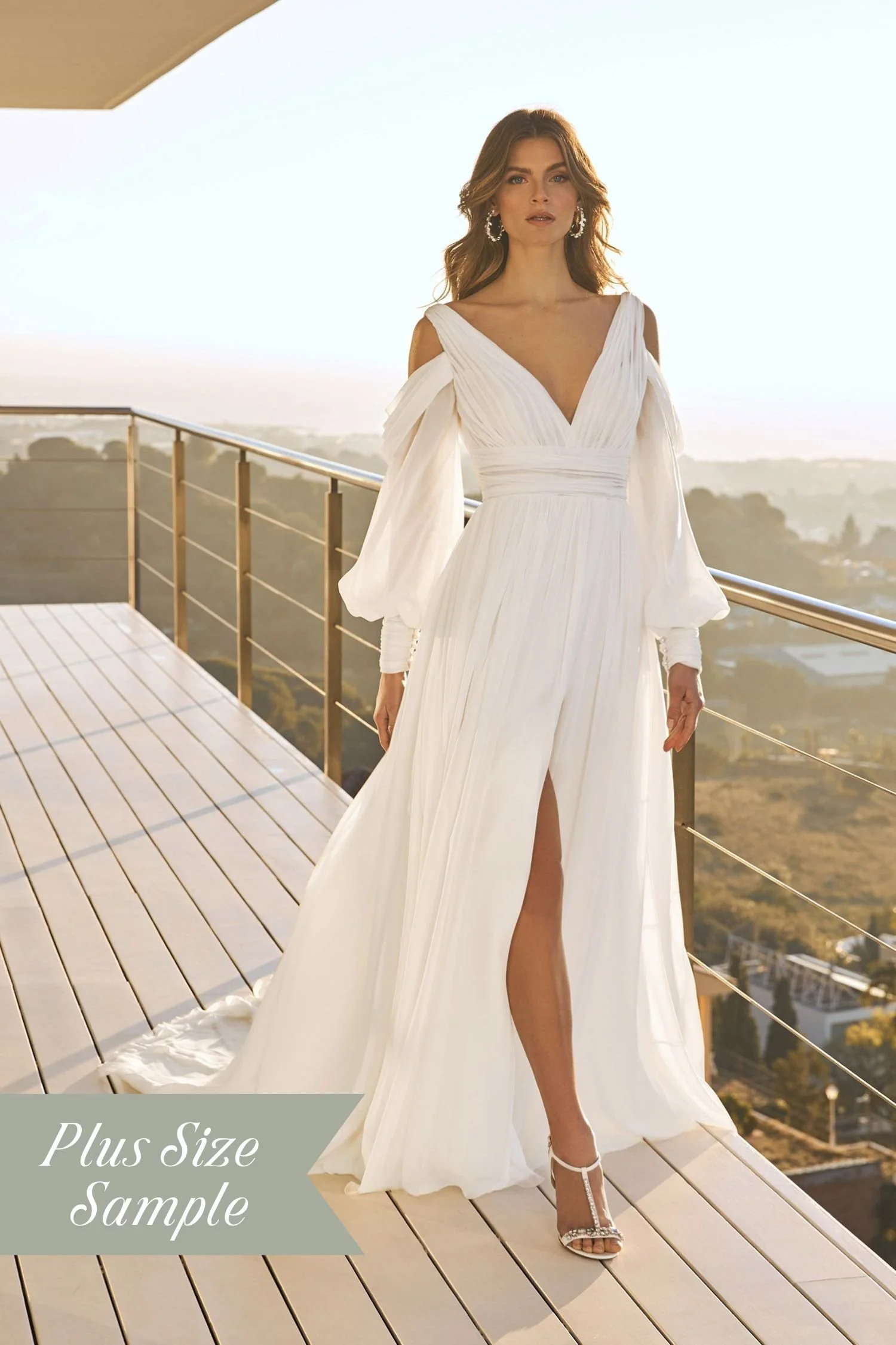 Chiffon A-Line Plus Size Wedding Dress with Bishop Sleeves