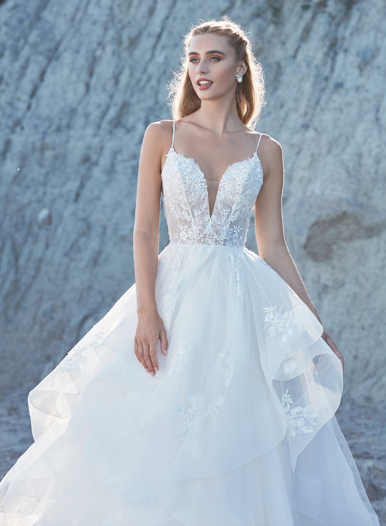 L'amour Rosa LA21115 princess ballgown wedding dress with spaghetti straps, V-neckline, lace overlay and long train