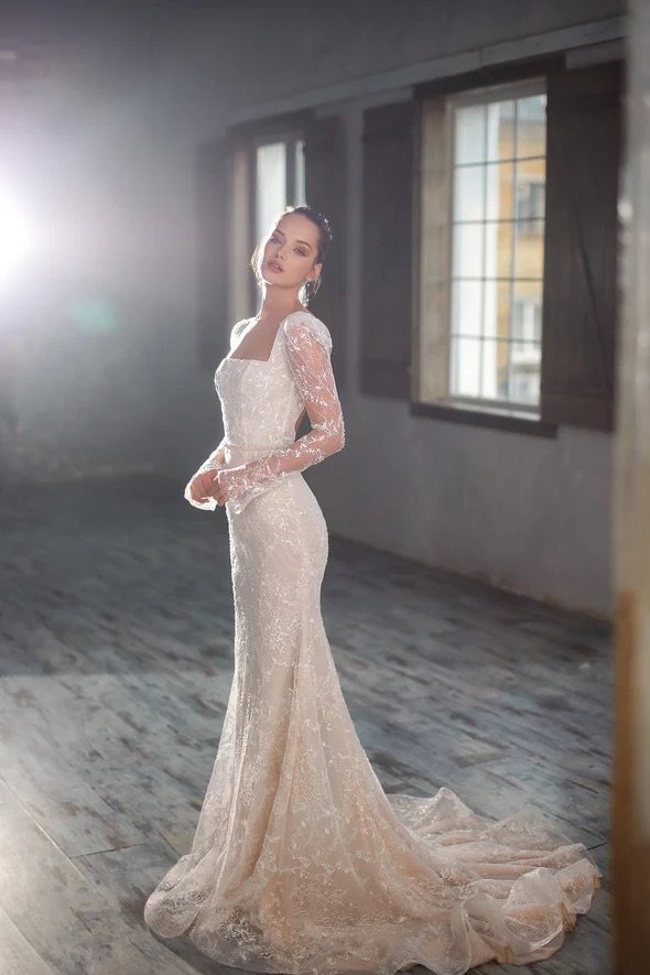 Julie Vino Sydney MB23-6 square neckline long sleeve lace wedding gown