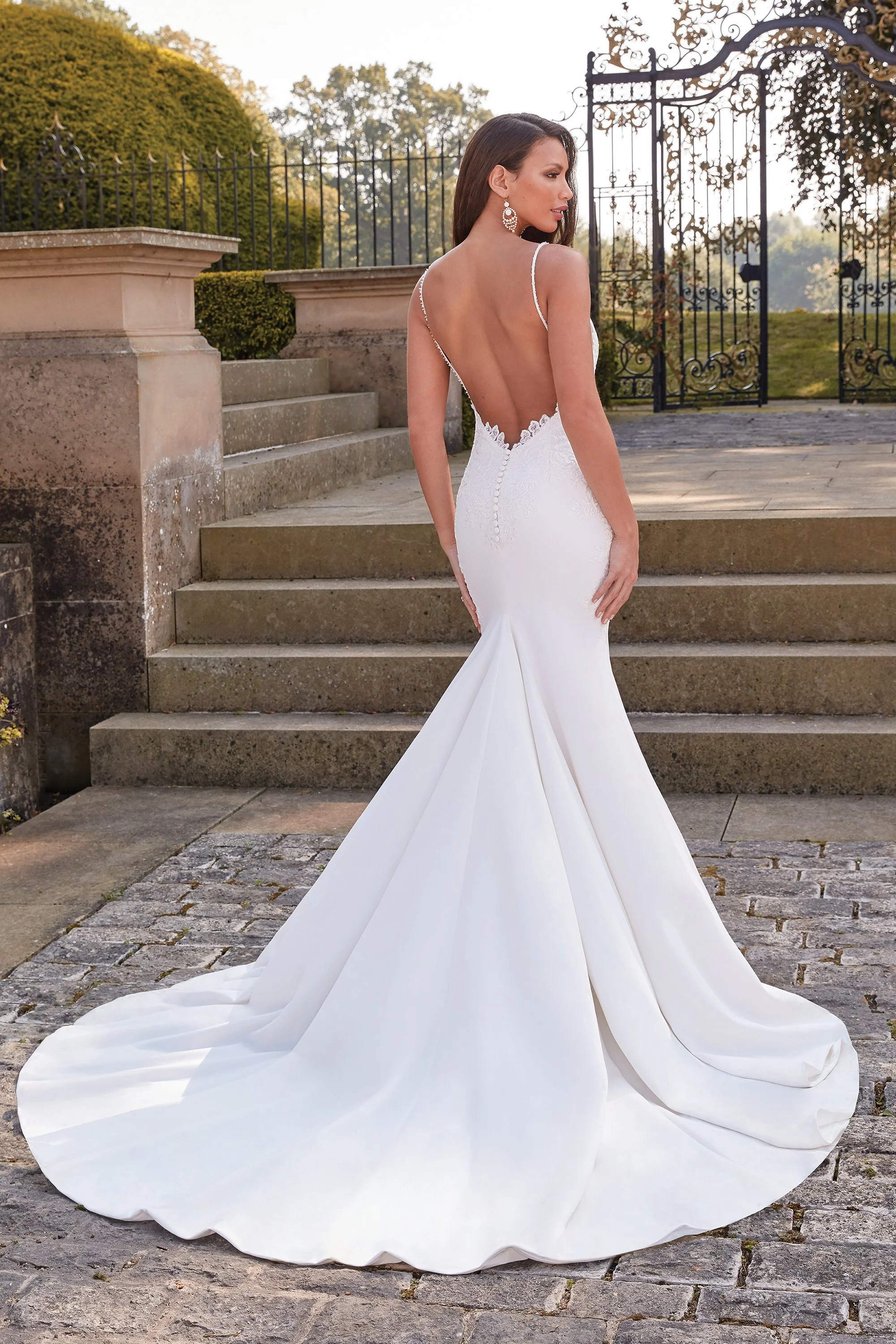 Sincerity 44329 Fit and Flare wedding gown with Spaghetti Straps neckline in Crepe, bridal sample size 10 available at Olive and Ivory Bride Sacramento