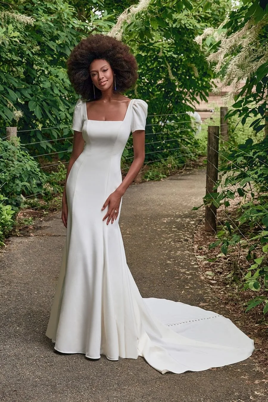 Madison James MJ906 Juliet ivory crepe sheath wedding dress with puffed cap sleeves and square neckline