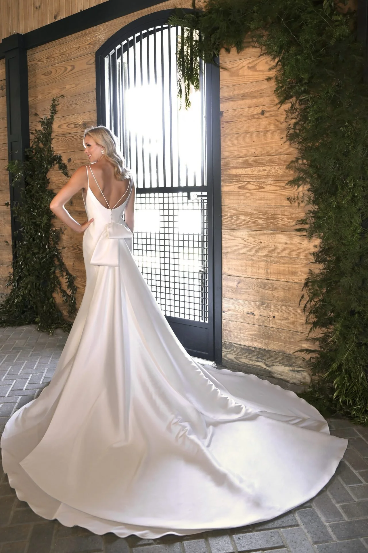 Essense of Australia D3404ZZ mikado fit-and-flare wedding dress with double straps, scoop neckline and detachable bow