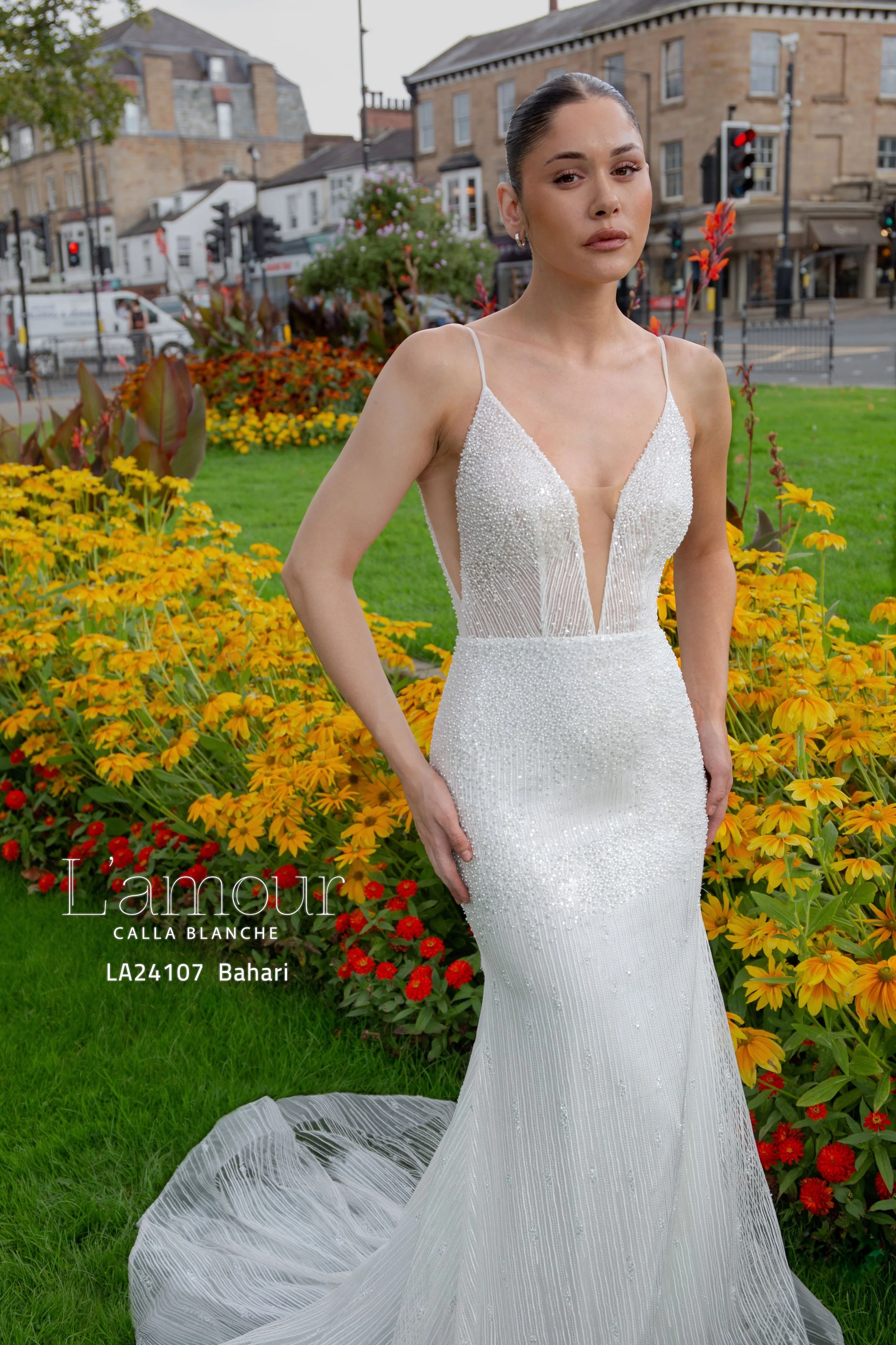 L'amour Bahari LA24107 sparkly beaded lace sheath wedding dress with plunging V-neckline
