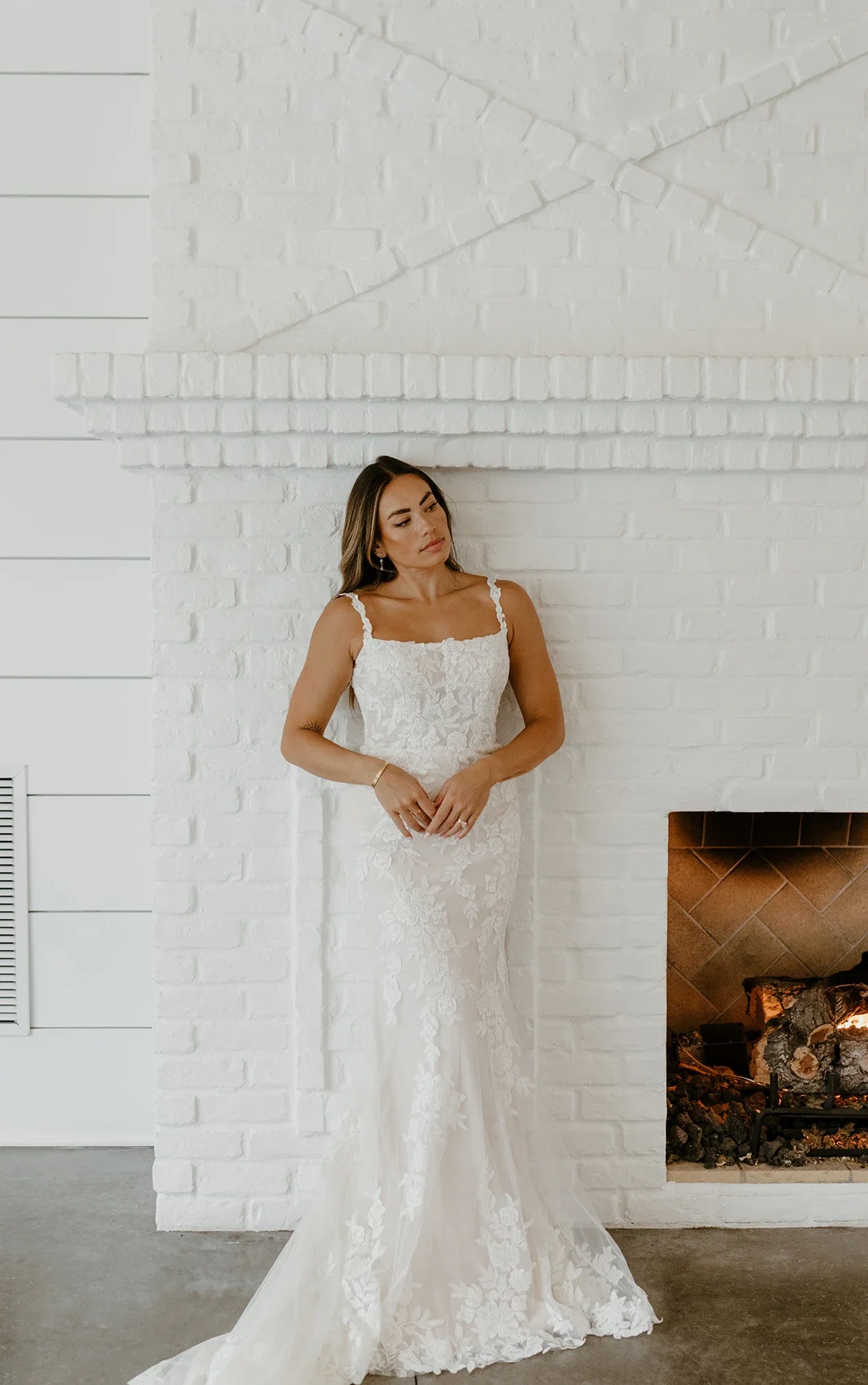 floral lace and tulle fit & flare wedding dress with lace spaghetti straps and a square neckline