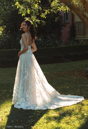 Madi Lane Pippa ML23555 bohemian A-line wedding dress with illusion plunge V-neck, leaf lace and sparkling glitter tulle skirt