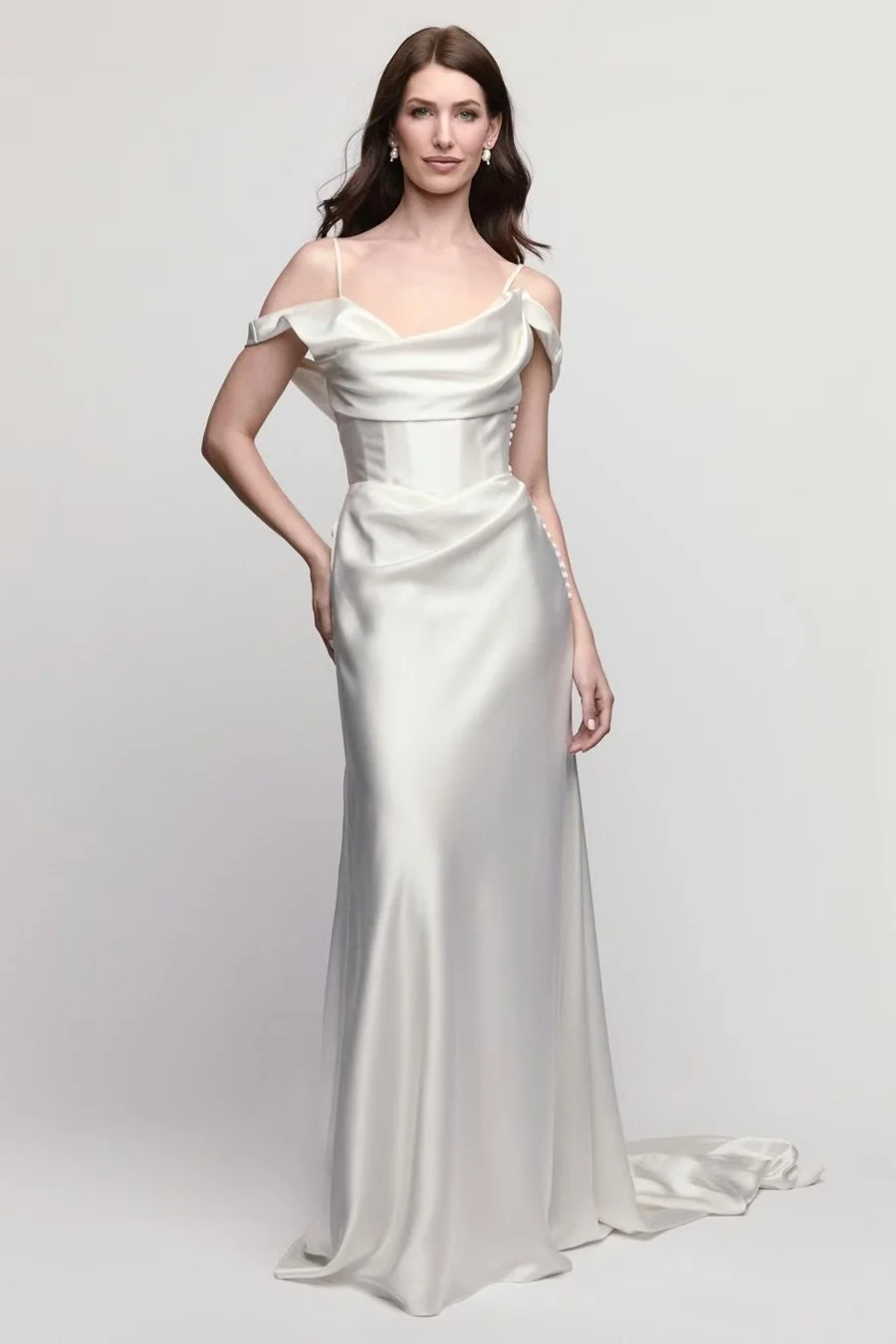 Locket by Watters Amaryllis — sleek scoop-neck sheath wedding dress in charmeuse with draped bust, visible corset boning, drop waist, and side buttons