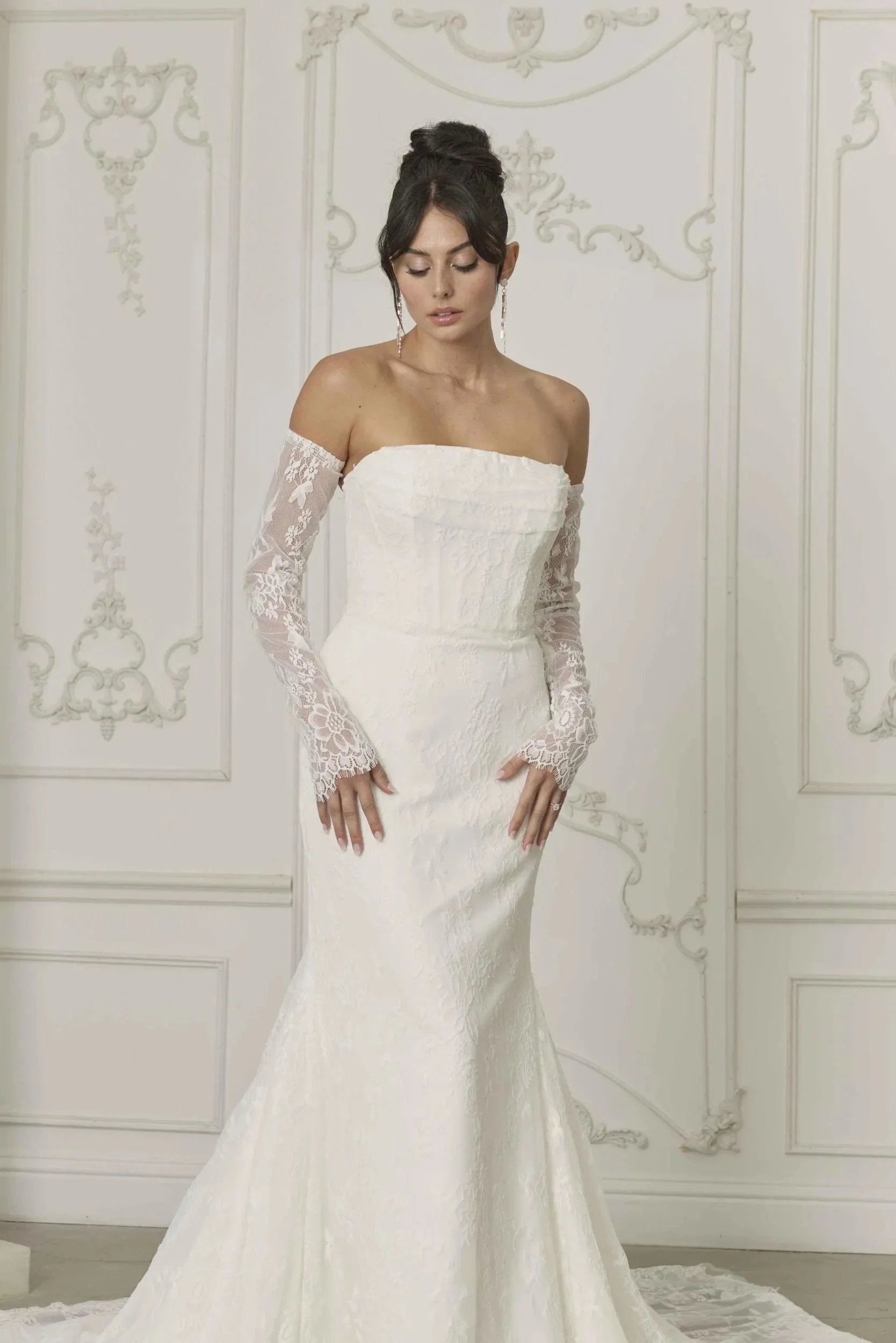 Convertible Lace and Crepe Wedding Dress with Optional Long Lace Sleeves