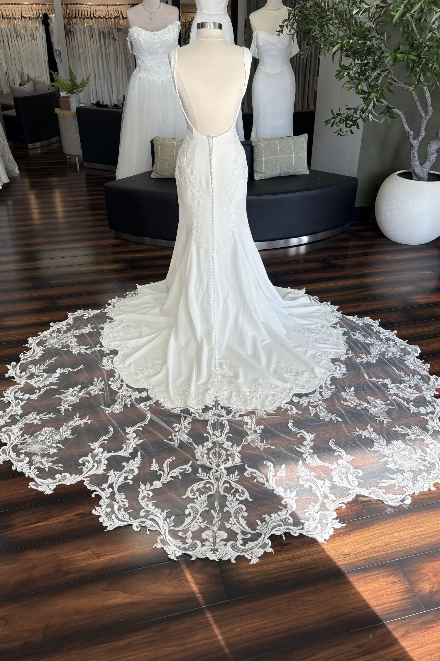 Crepe Fit & Flare Wedding Dress with a Low Back and Beaded Lace