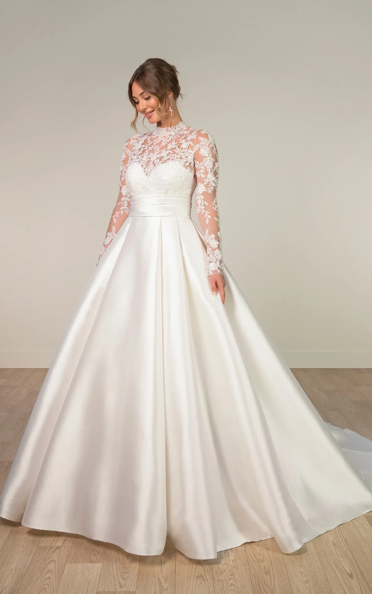 Modest A-Line Wedding Dress with Long Sleeves and High Neckline