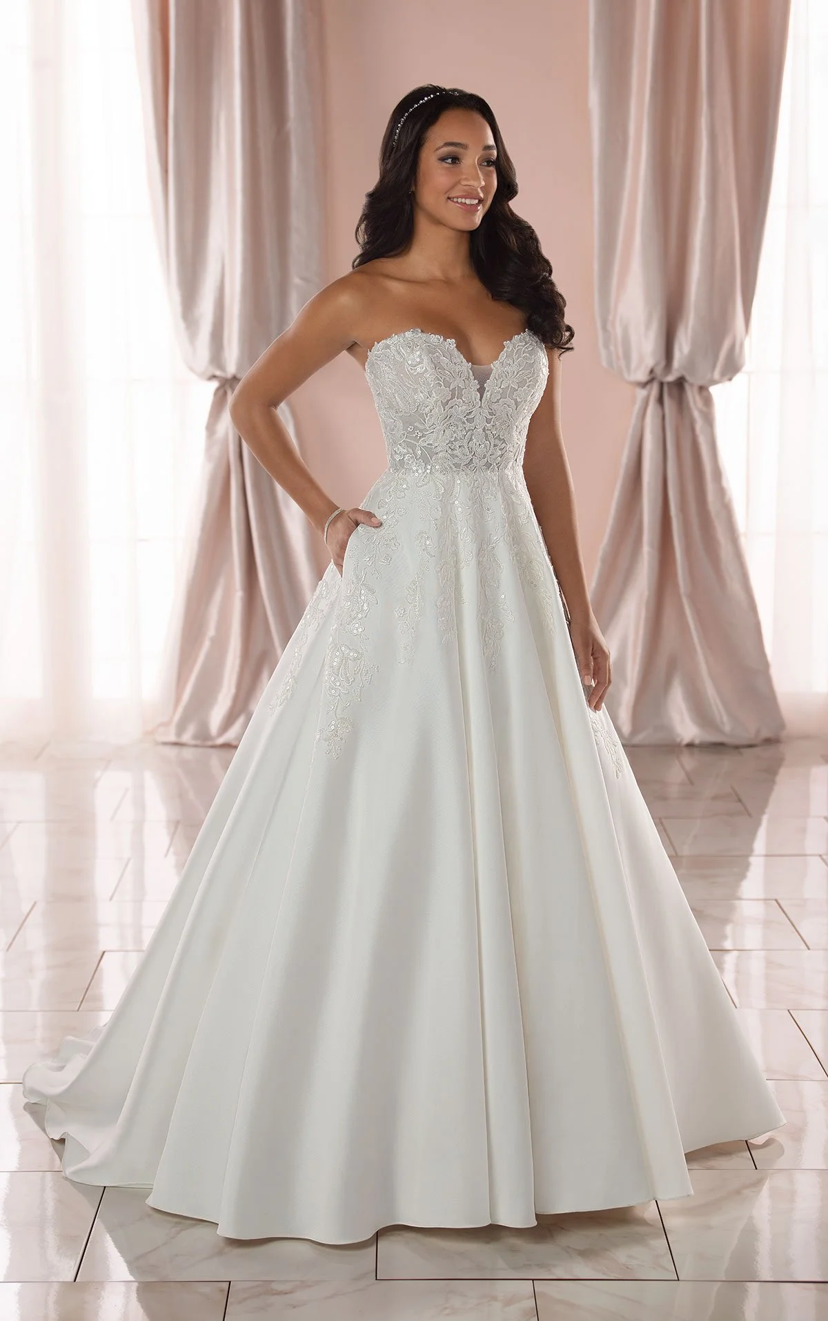 Stella York 6915 strapless structured ball gown wedding dress with floral lace and sweetheart neckline