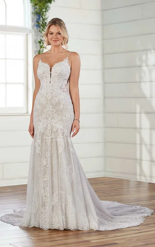 Essense of Australia D2945IV bohemian inspired lace wedding dress with plunge neckline, beaded straps and scallop train