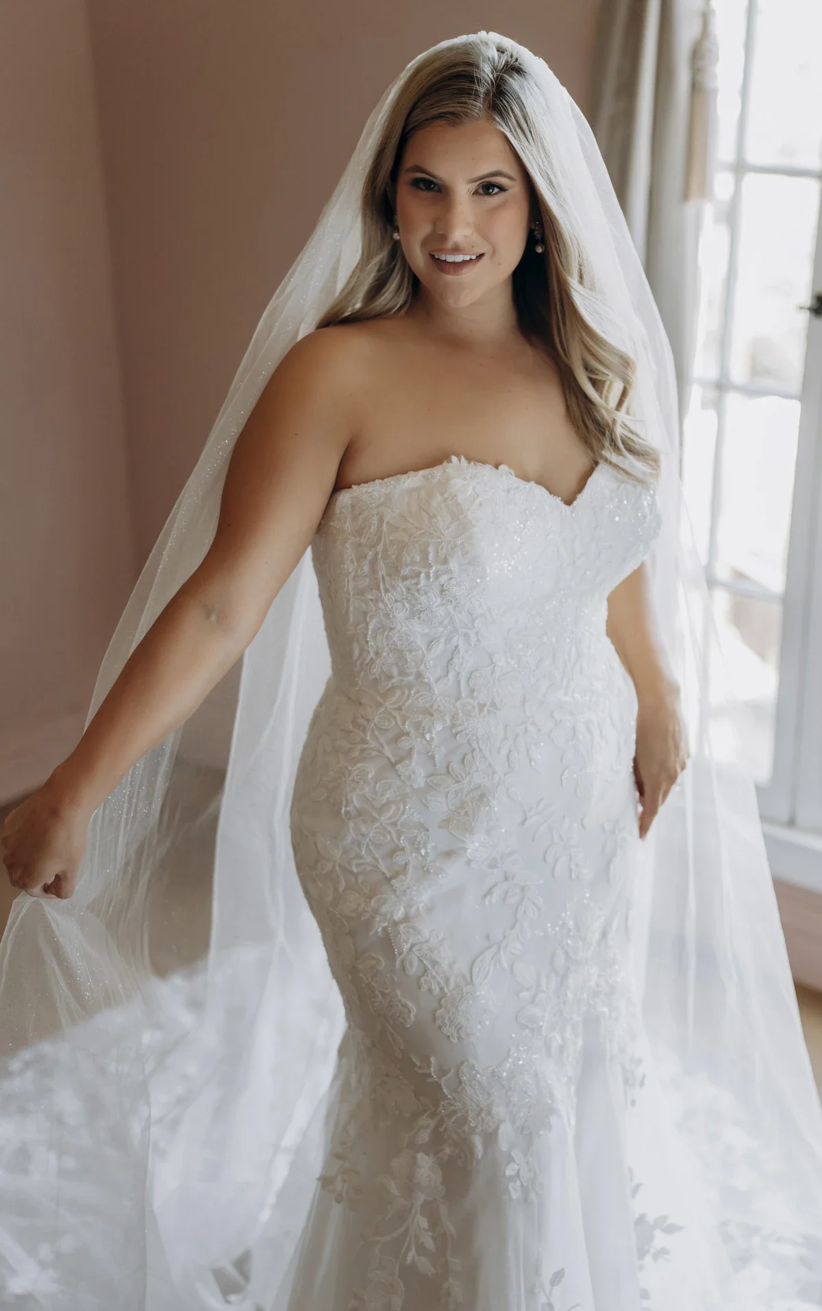 Plus Size Shimmering Lace and Tulle Trumpet Wedding Gown with Sequin Floral Appliqués
