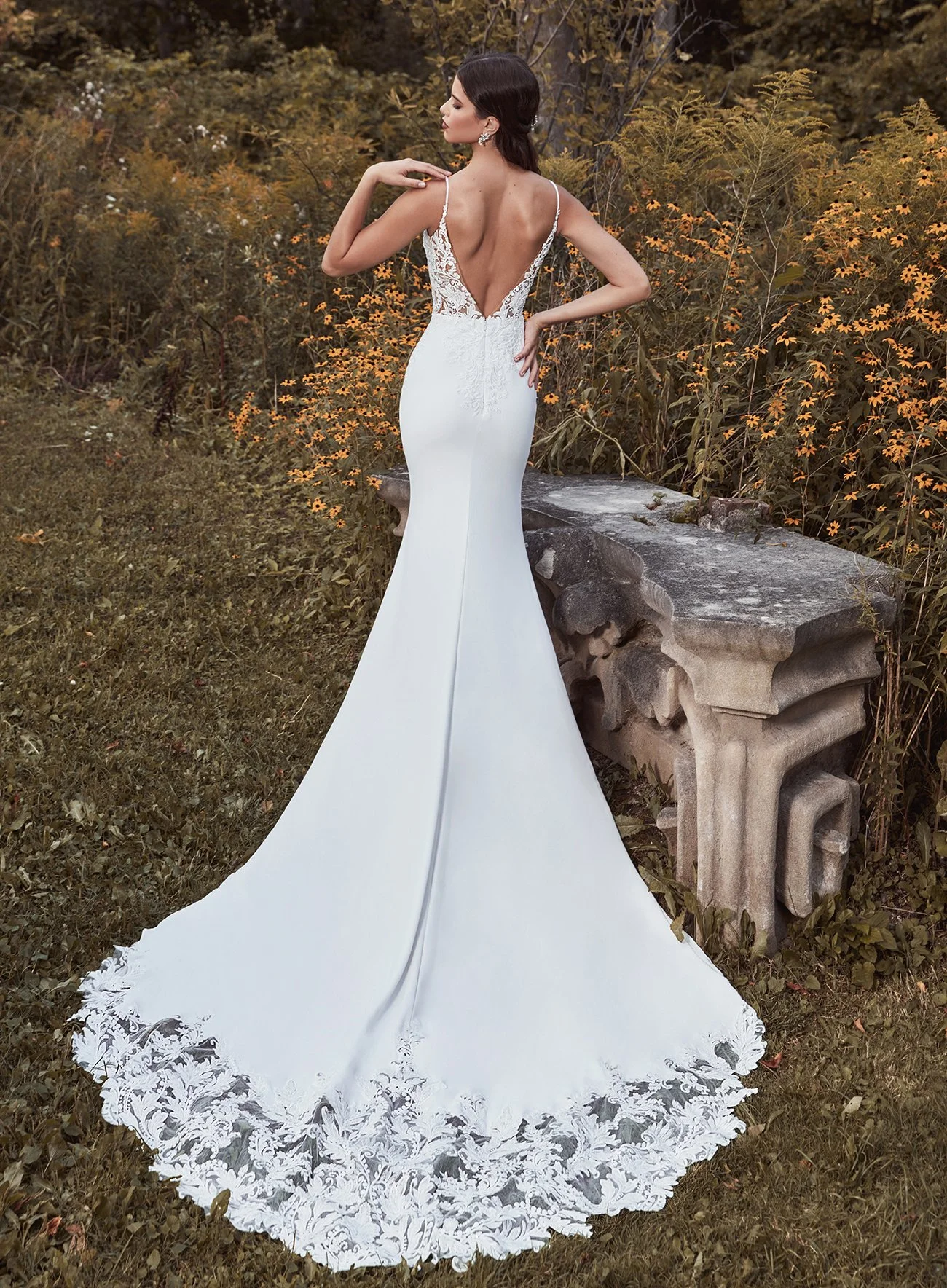 Calla Blanche Bethany 121118 sheath wedding dress with spaghetti straps, V-illusion neckline, and stunning low back