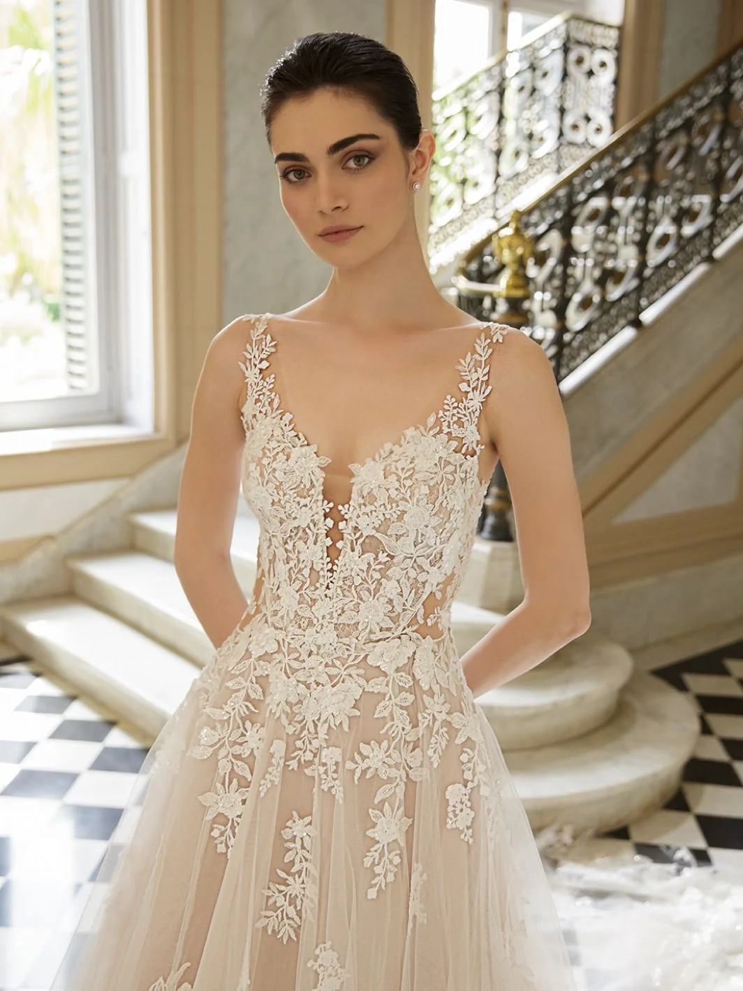 Elysse INES slim A-line wedding dress with sparkling organic floral lace, hand-beaded neckline, and body-contouring side cutouts