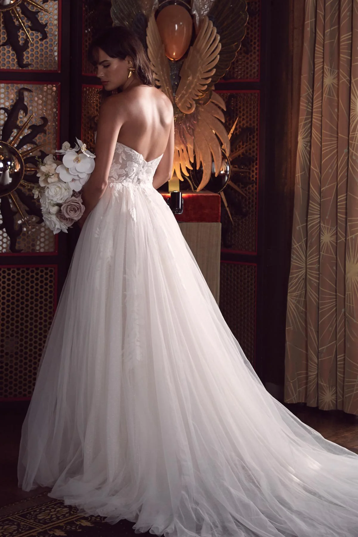 Locket Lamont 14719 ivory/blush A-line wedding dress with strapless sweetheart neckline, Gavin lace bodice and full tulle skirt, bridal sample size 8, available at Olive and Ivory in Sacramento