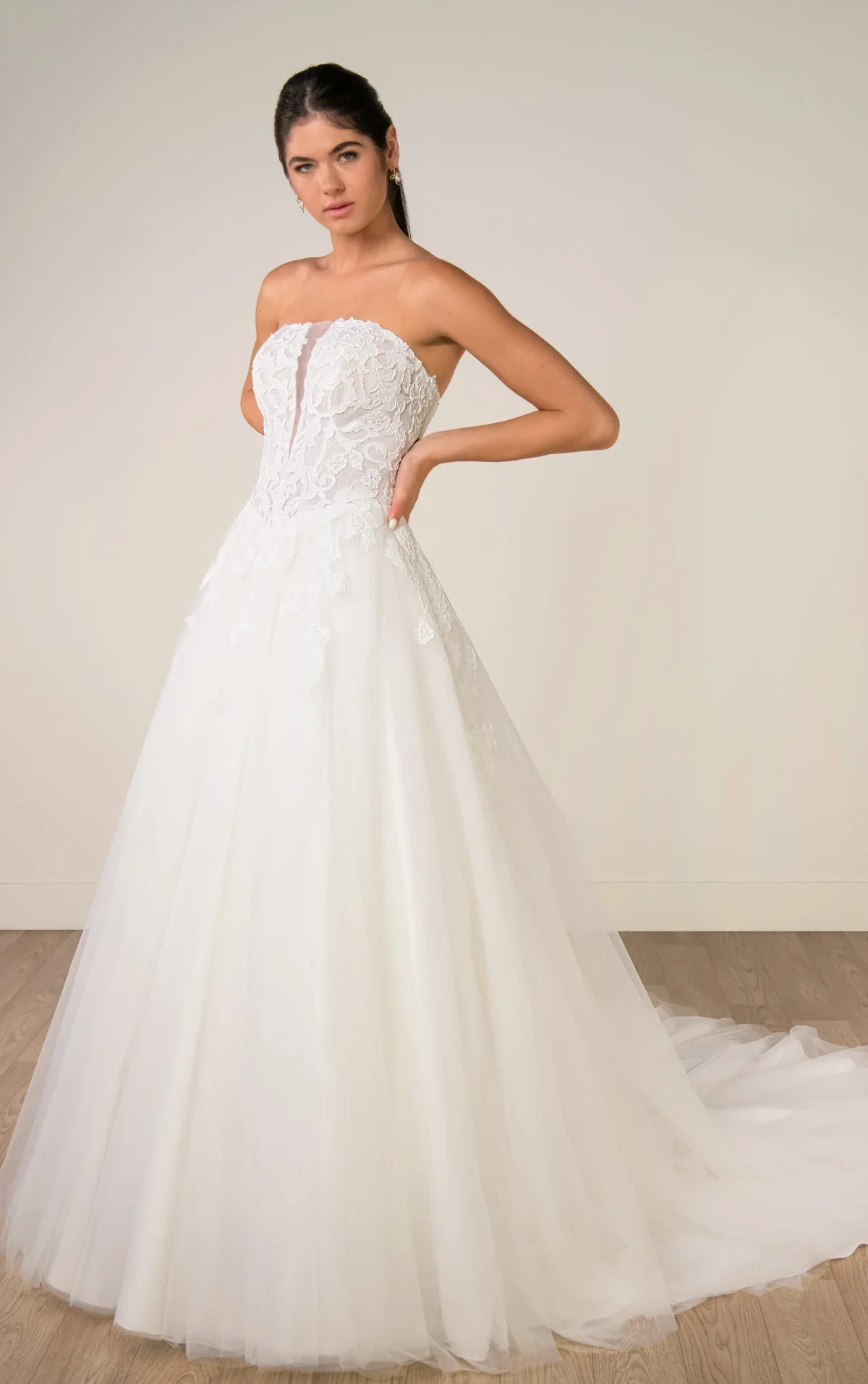 Lace and Tulle A-Line Wedding Gown with Plunge Neckline and Removable High-Neck Topper