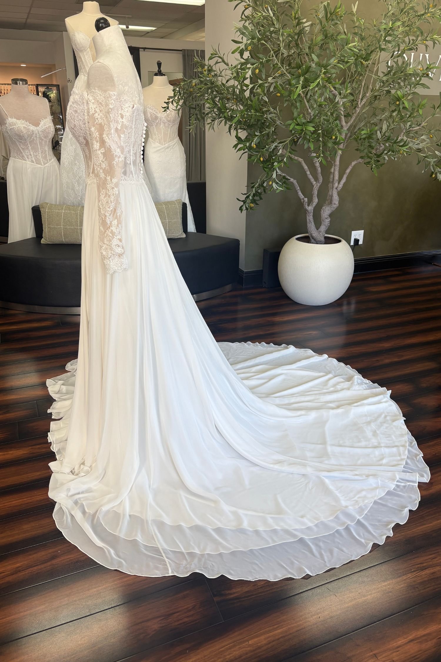 Chiffon A-line Wedding Dress with Lace Bodice and Long Sleeves