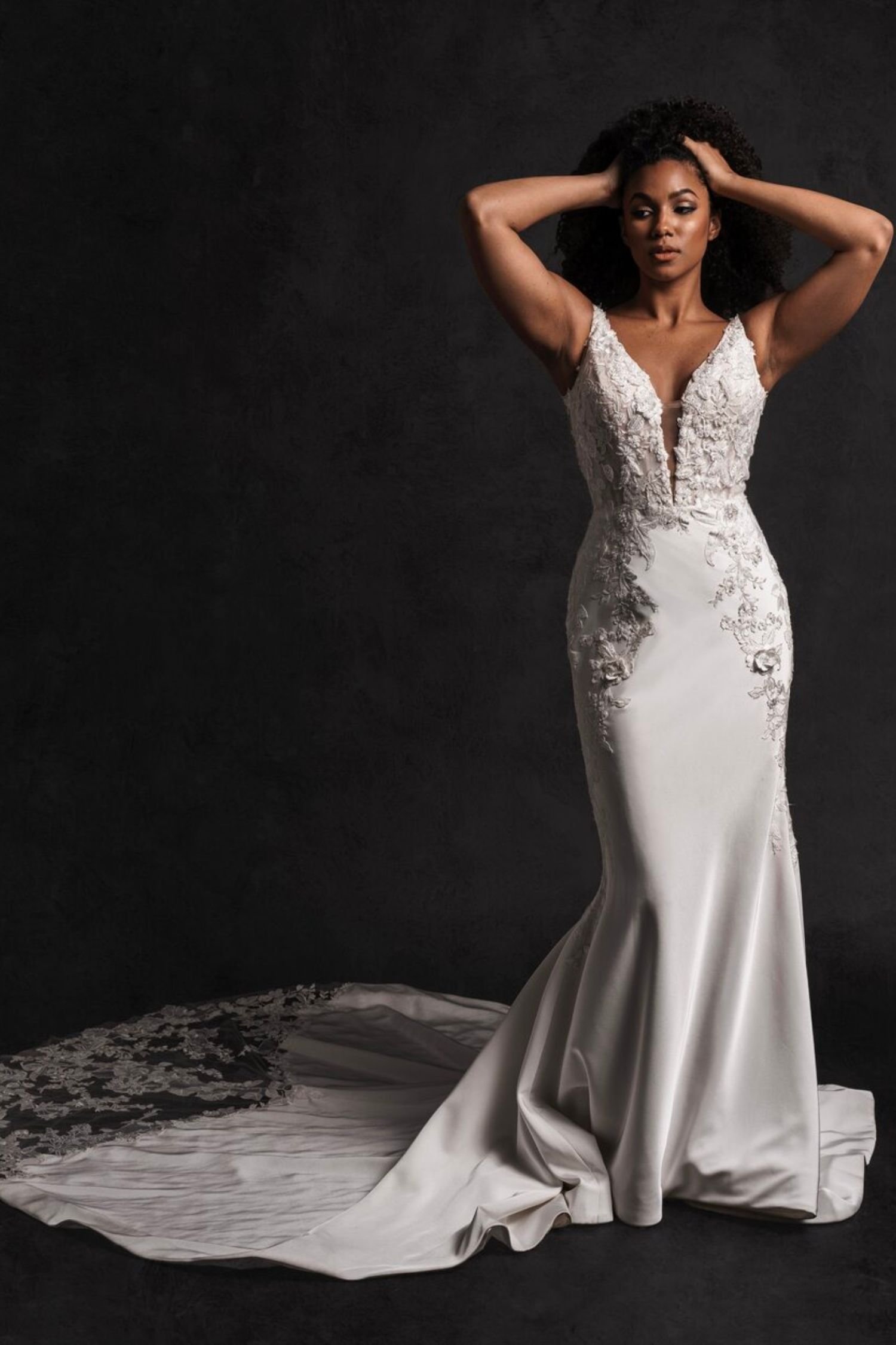 Lace Satin Sheath Wedding Dress with Plunge V-Neck