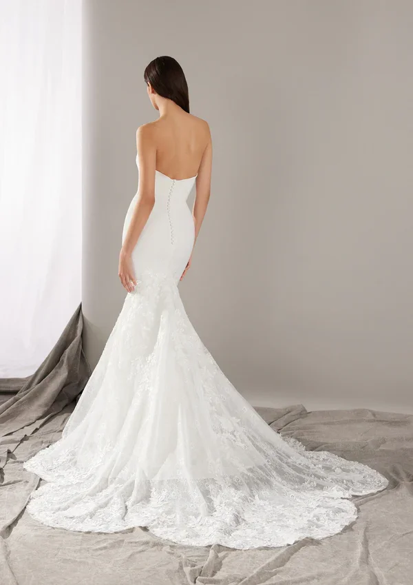 Pronovias Ryke crepe mermaid wedding dress with sweetheart neckline and embroidered tulle lace train