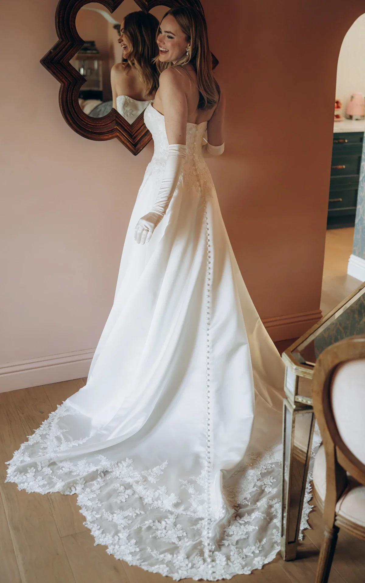 Strapless Lace and Grand Satin A-Line Wedding Gown with Scalloped Cutout Train