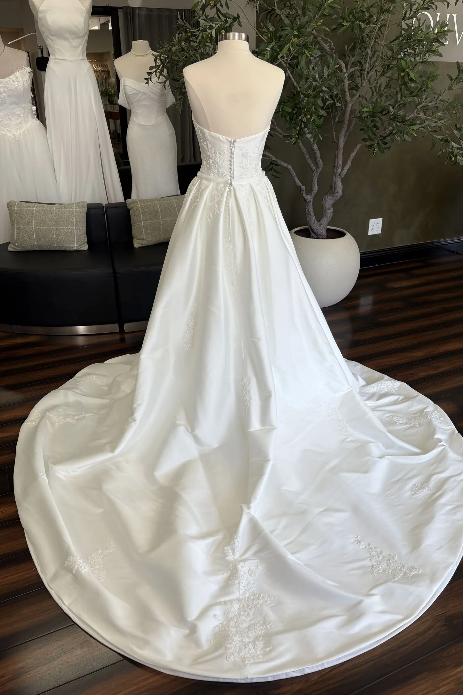Classic Fitted Satin Wedding Dress with Beaded Lace and Optional Overskirt