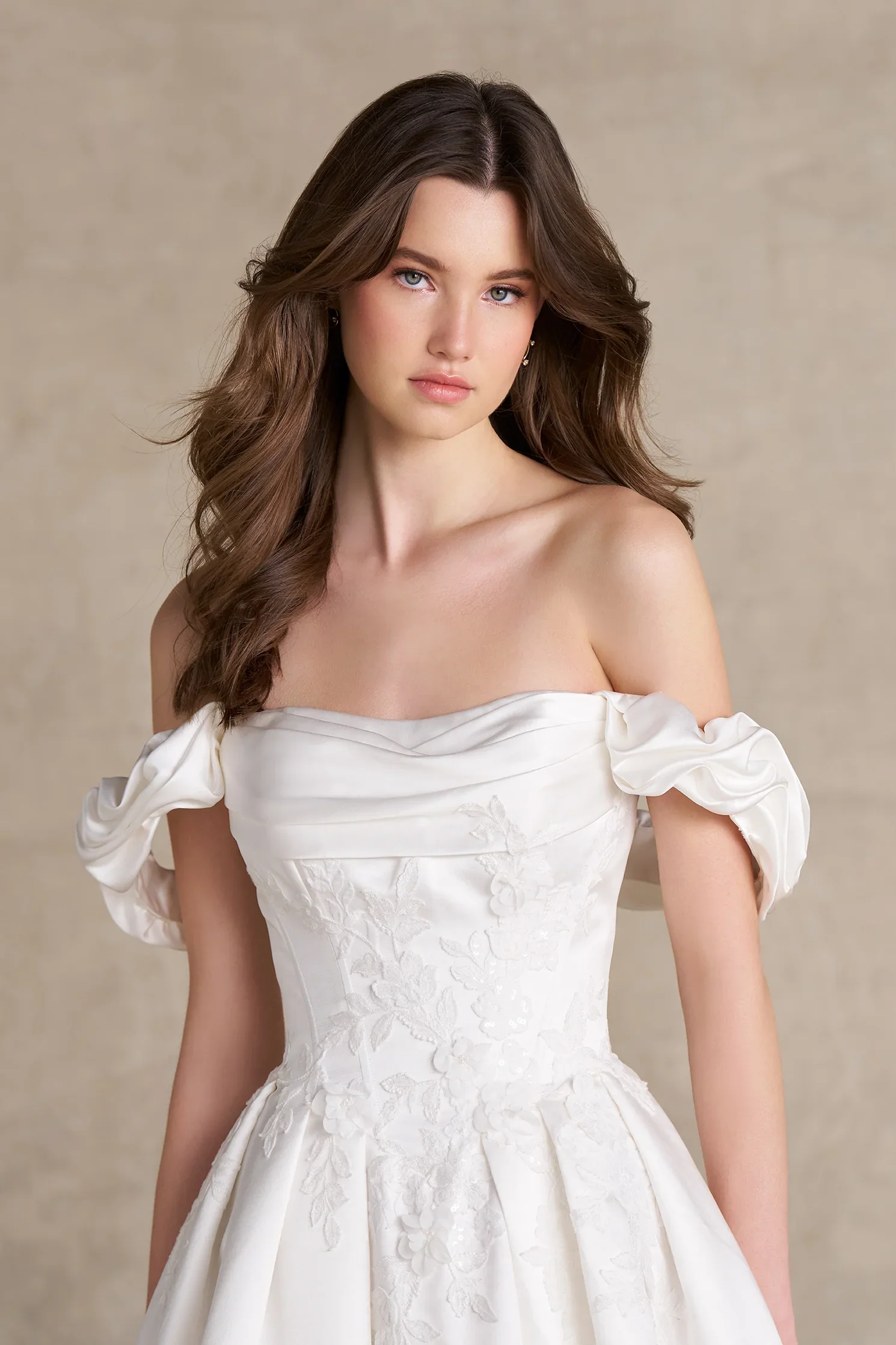Allure Romance R3972 ball gown wedding dress with detachable off-the-shoulder satin straps, sequin lace appliqués, ruching, and a button-adorned train.