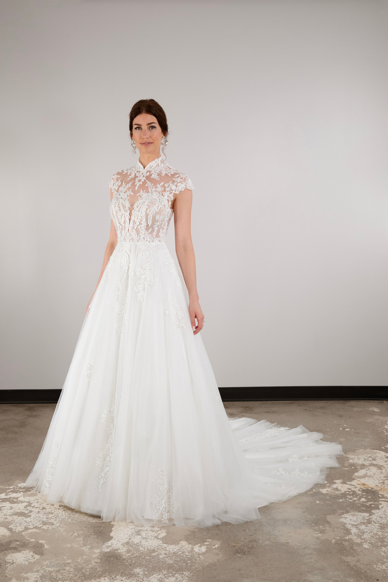Essense of Australia D3929IV high illusion neckline lace A-line wedding dress with cap sleeves and glitter tulle skirt