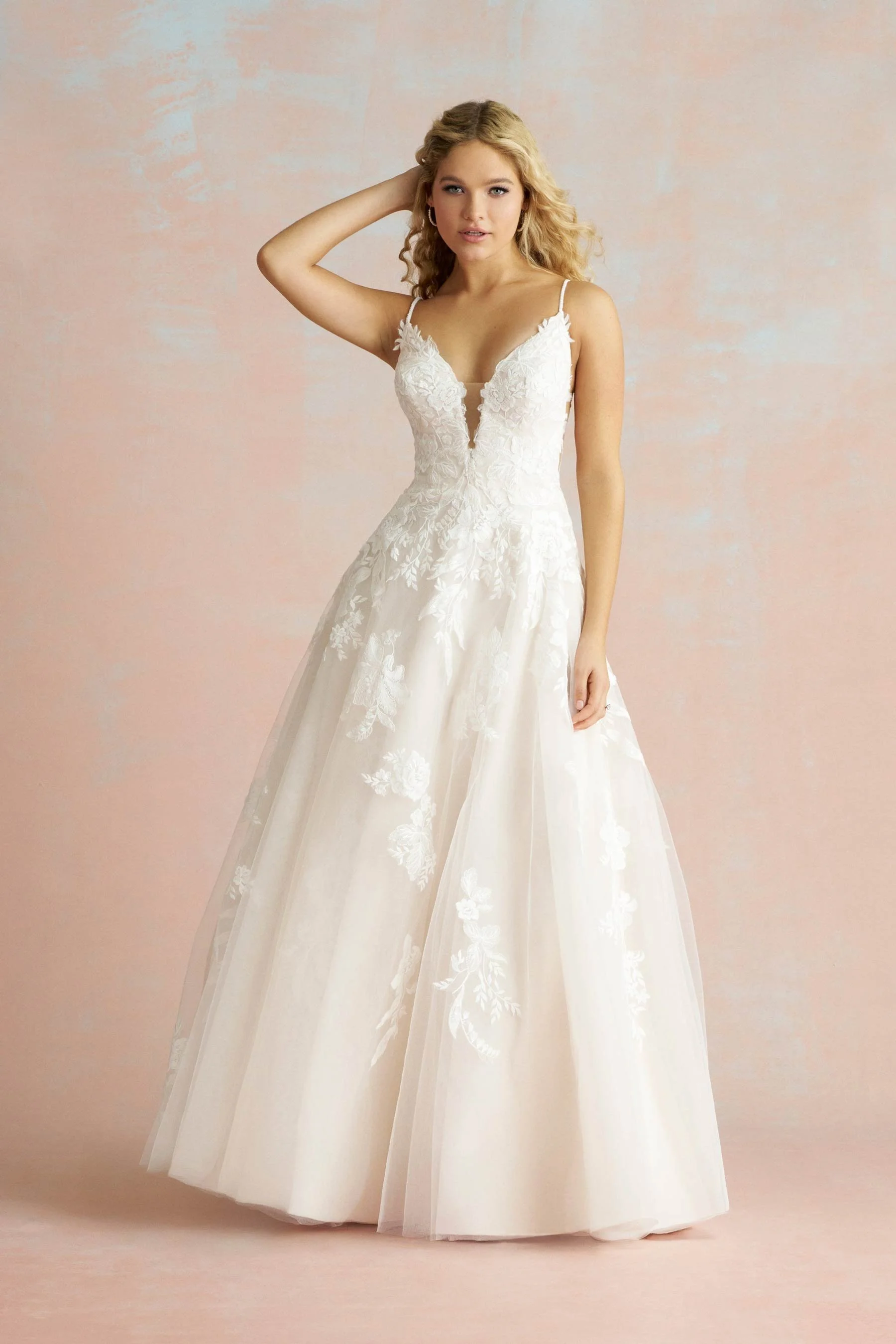 Soft Tulle and Lace Wedding Dress with Beaded Appliques and V-Neckline