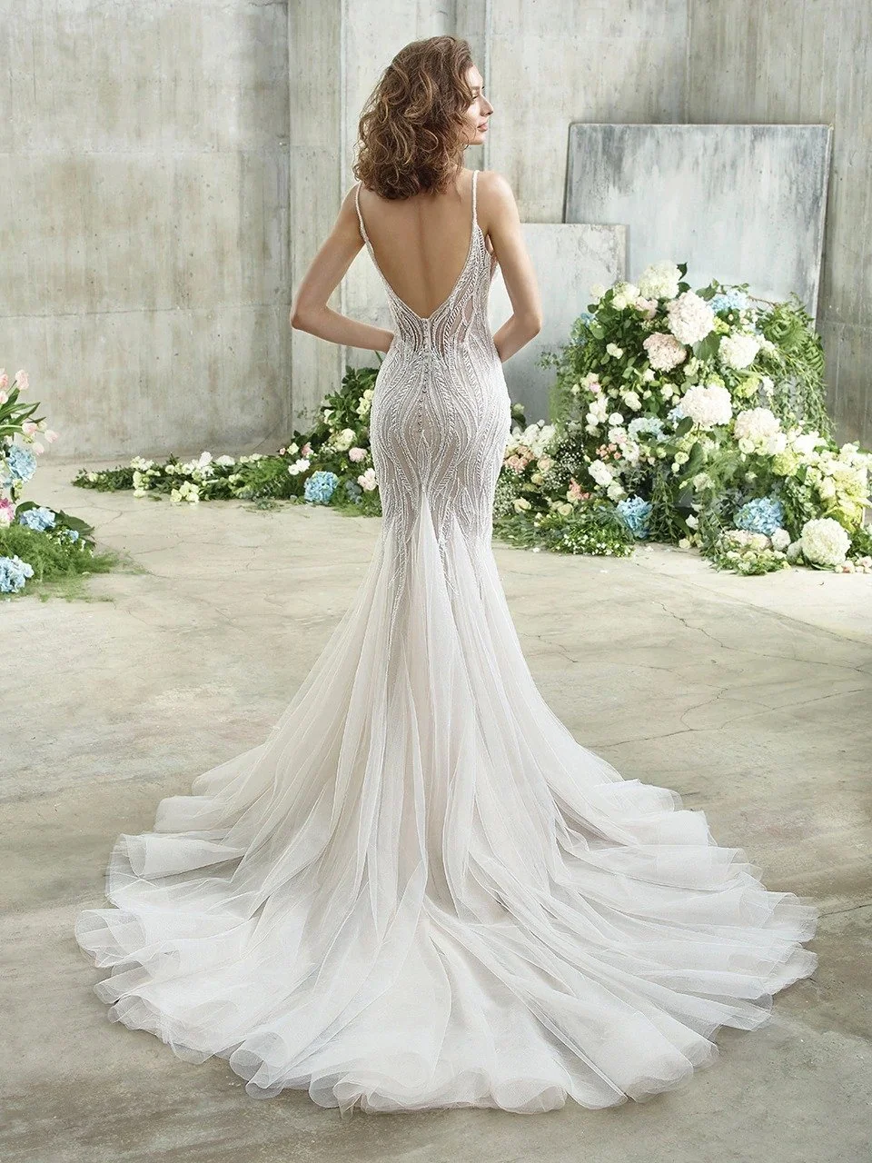 Badgley Mischka Esther spaghetti strap mermaid wedding gown with beaded linear lace and plunging illusion neckline