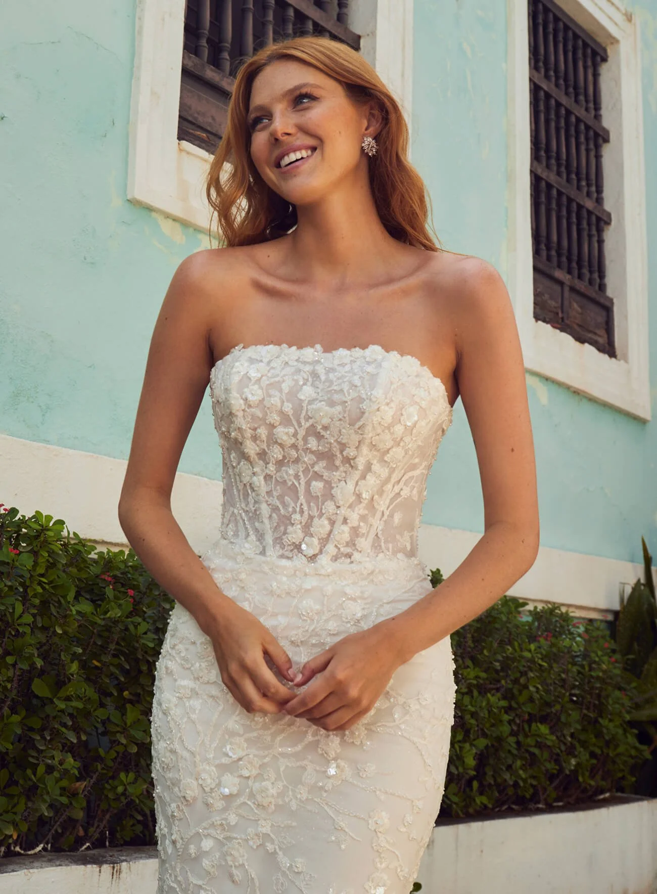 L'amour Halsey LA23105 fitted sparkly strapless wedding dress with beaded lace and detachable sleeves