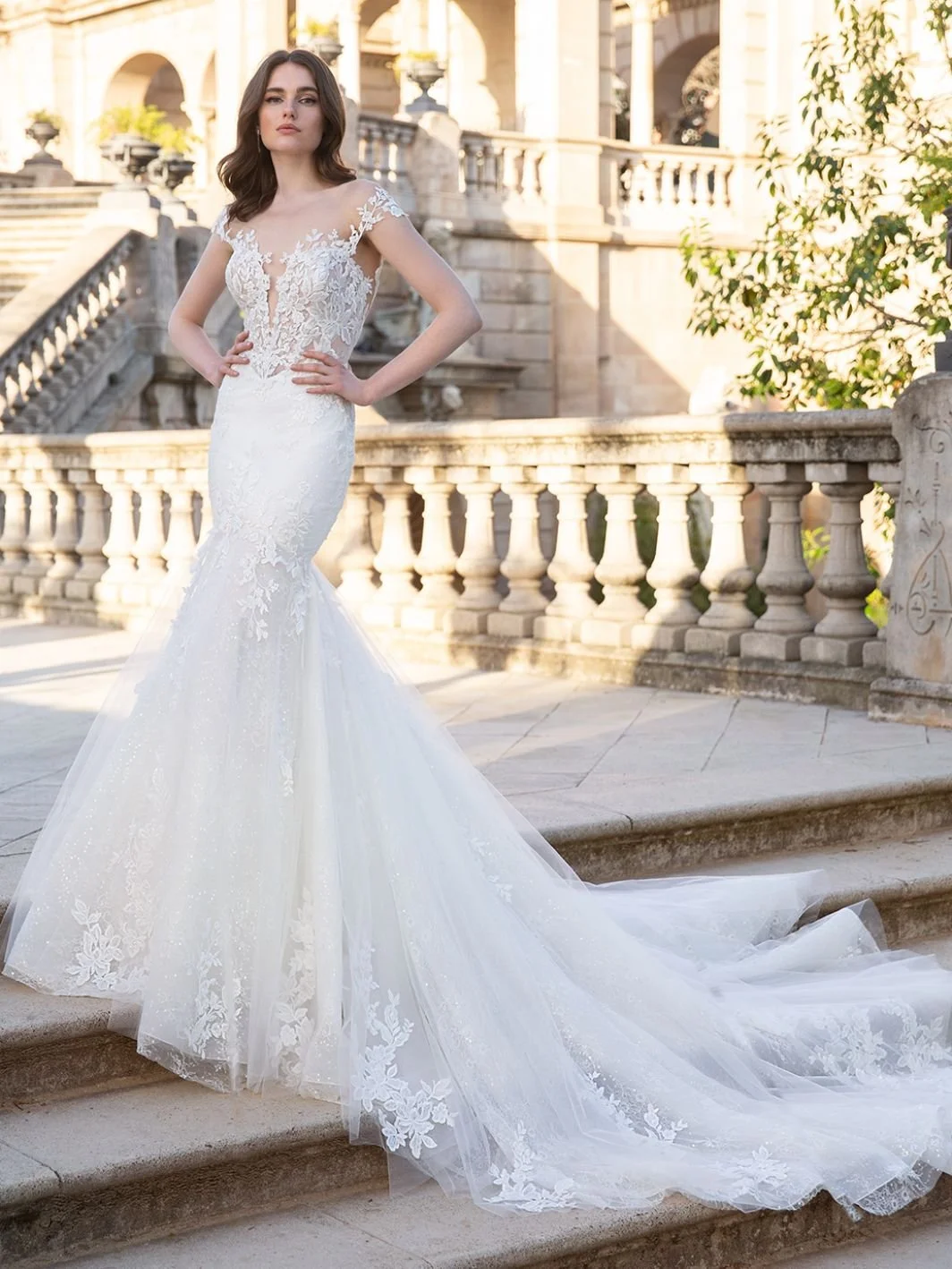 Elysse Narcisse mermaid wedding gown with illusion off-shoulder neckline and sparkling Chantilly lace