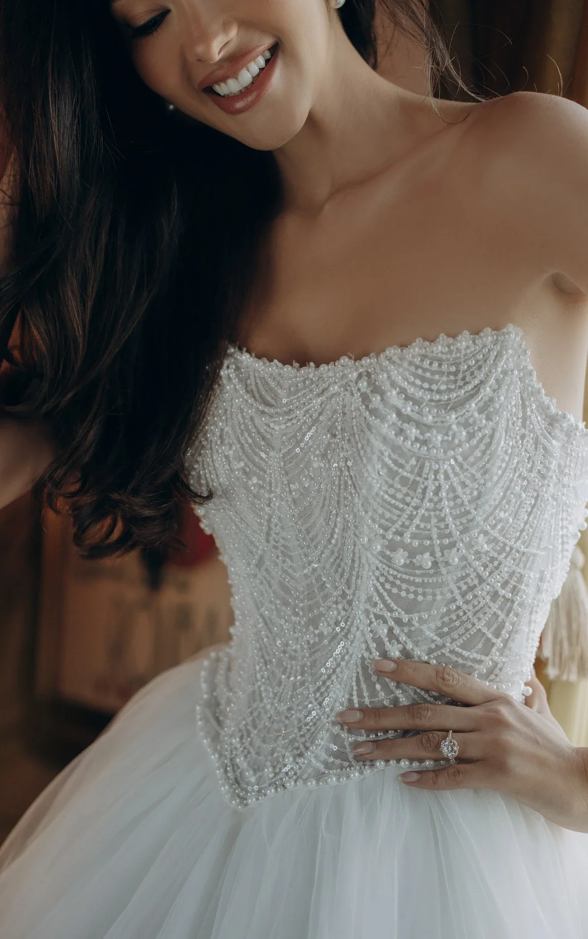 Strapless Pearl-Beaded Corset Ballgown with Frothy Tulle Skirt