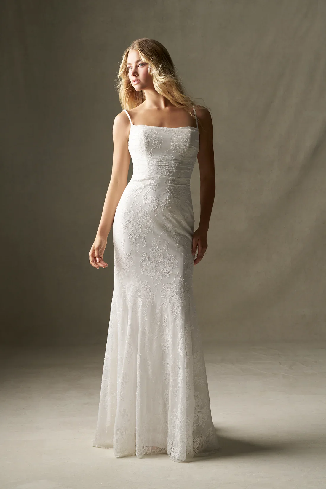 Wilderly Bride Maris F404 — sheath wedding dress with square neckline, ruched Chantilly lace bodice, and streamlined silhouette