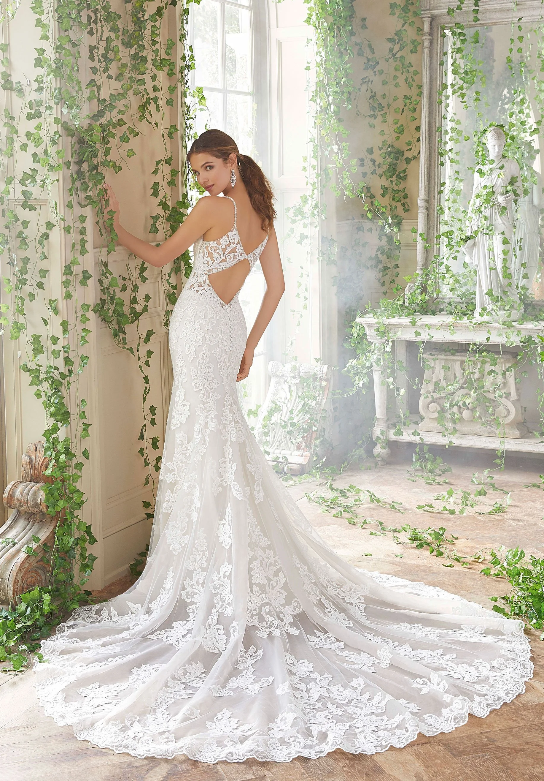 Mori Lee Peta 5702 fit and flare tulle wedding gown with frosted lace appliques and crystal beaded straps