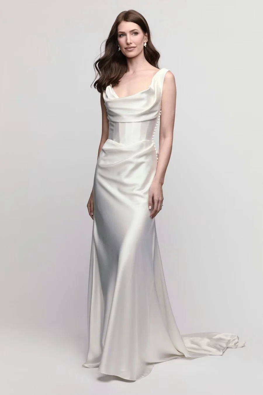 Locket by Watters Amaryllis — sleek scoop-neck sheath wedding dress in charmeuse with draped bust, visible corset boning, drop waist, and side buttons