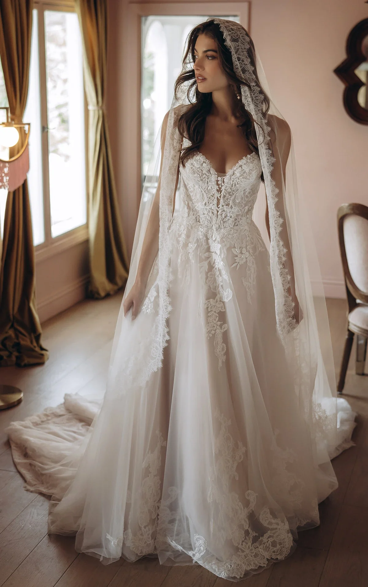 Beaded Lace and Tulle A-Line Wedding Gown
