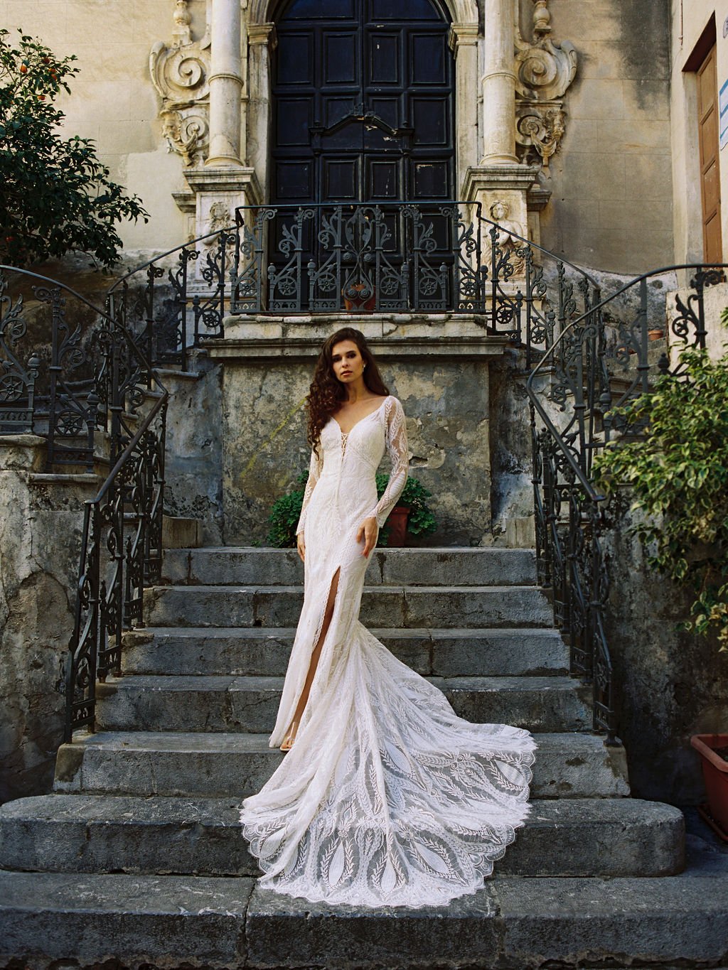 Wilderly Bride Marlena F214 boho wedding dress with lace-up bodice and textured lace overlay