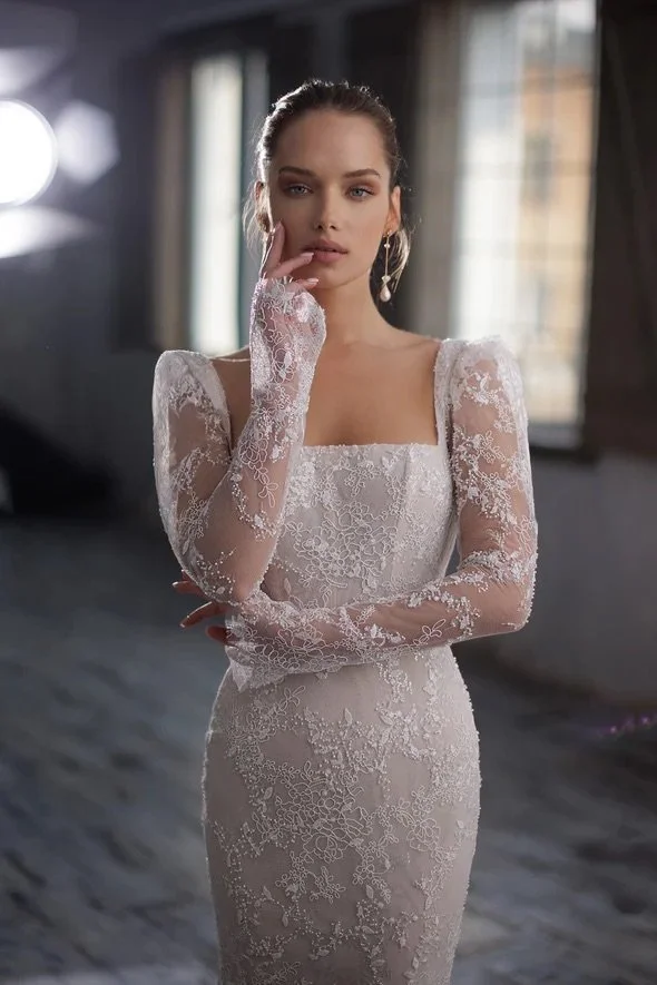 Julie Vino Sydney MB23-6 square neckline long sleeve lace wedding gown