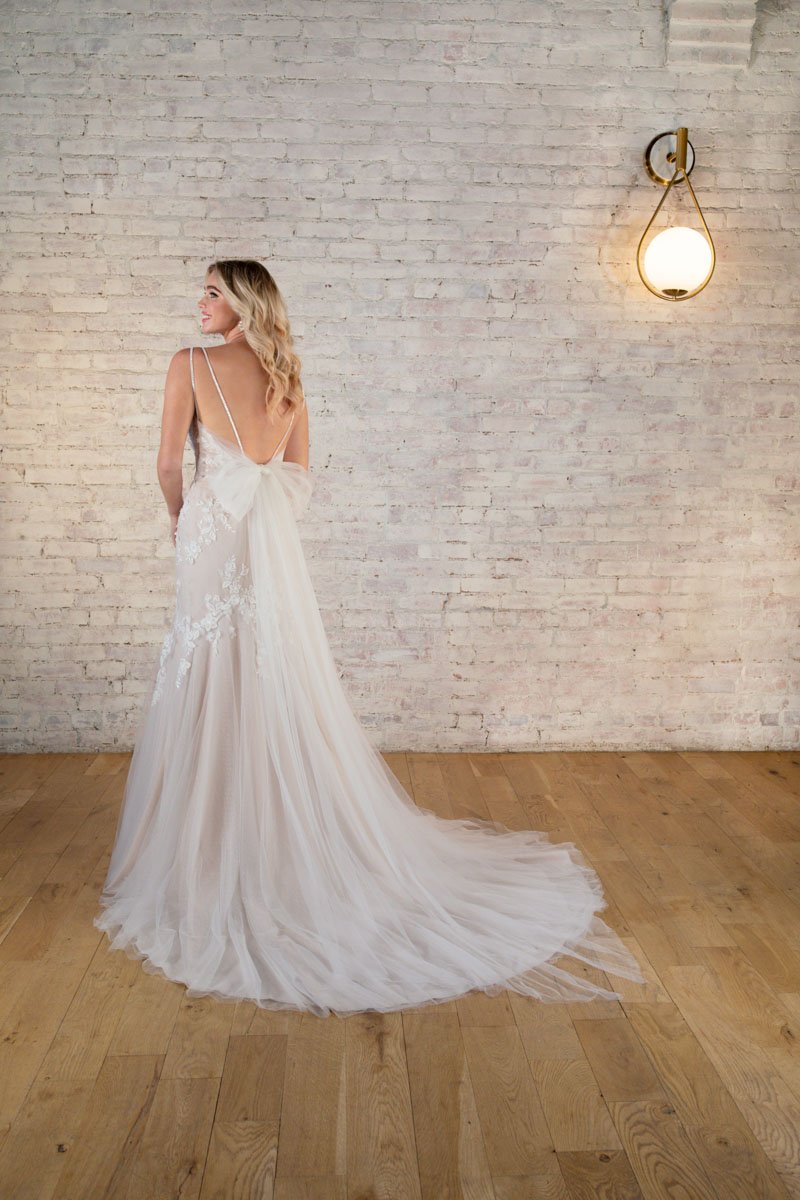Stella York 7696IV 3D floral lace spaghetti strap plunging V-neck fit and flare wedding gown with tulle bow back