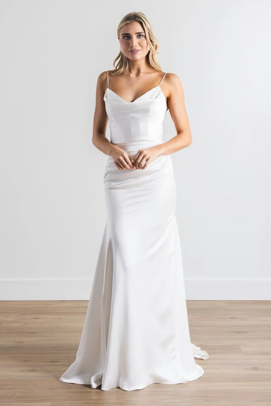 Locket by Watters Clea — minimalist scoop-neck sheath wedding dress in charmeuse with corseted bodice and self-tie back