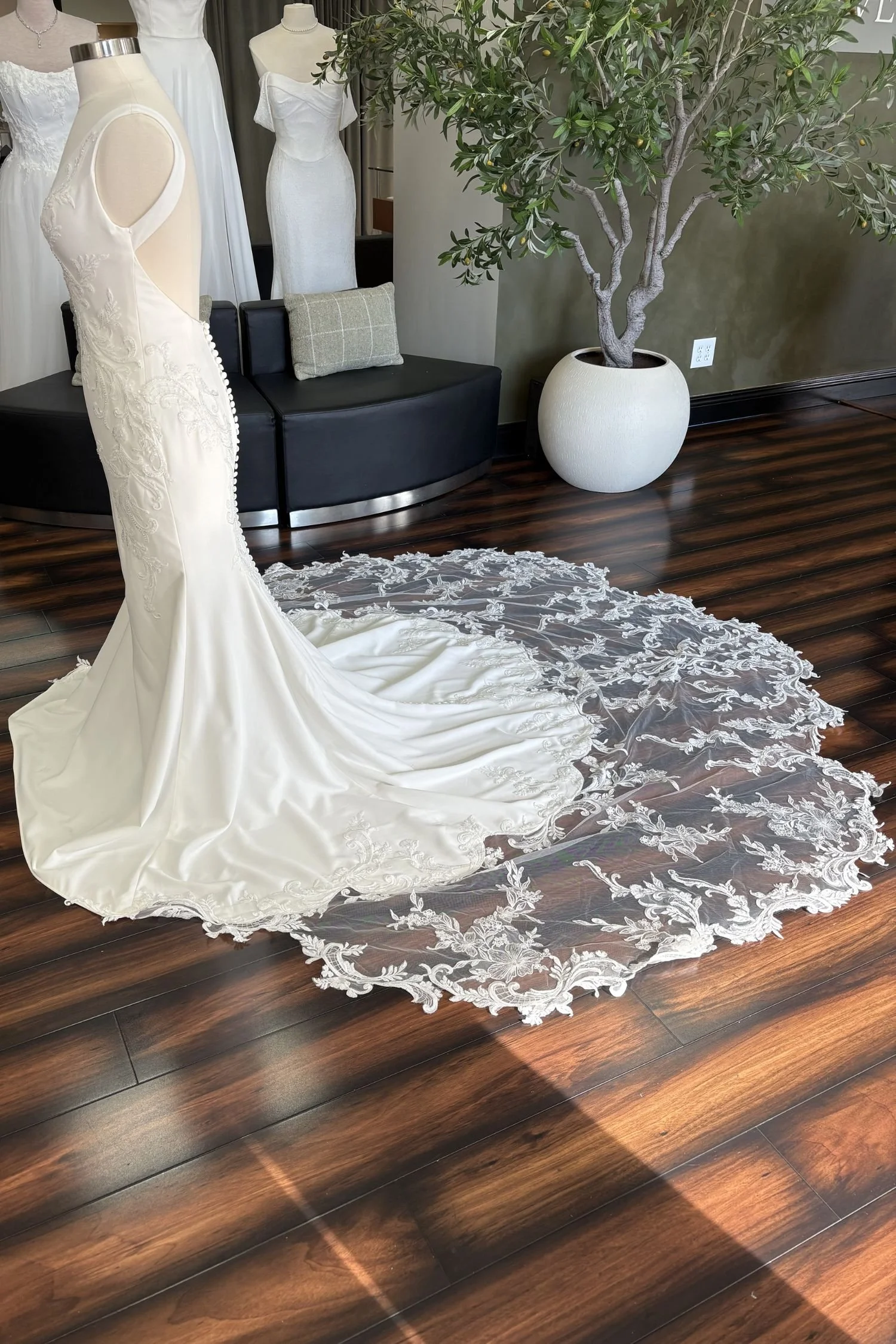 Crepe Fit & Flare Wedding Dress with a Low Back and Beaded Lace