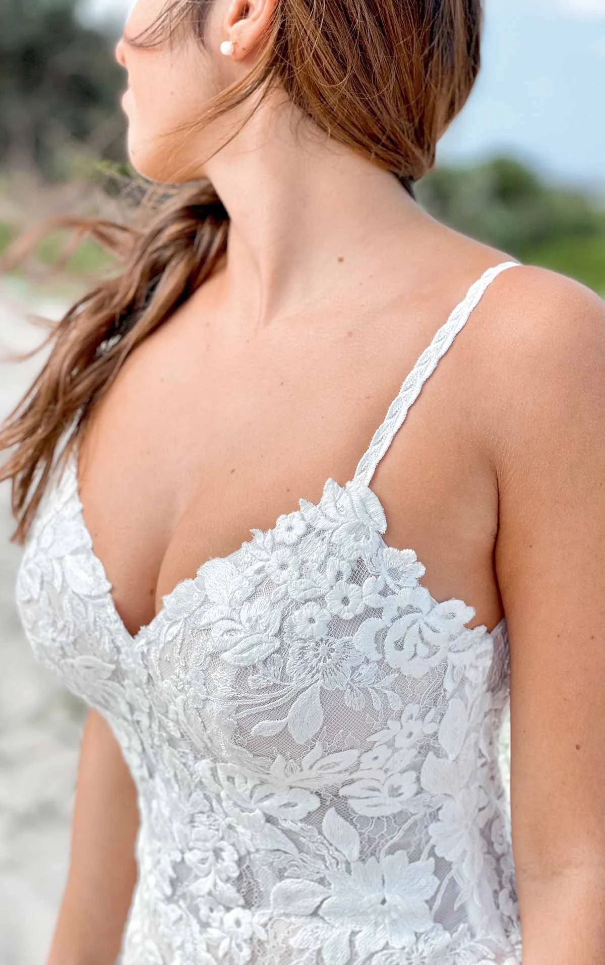 Stella York 7370CR head-to-toe floral lace fit and flare wedding dress with V-neckline and open back