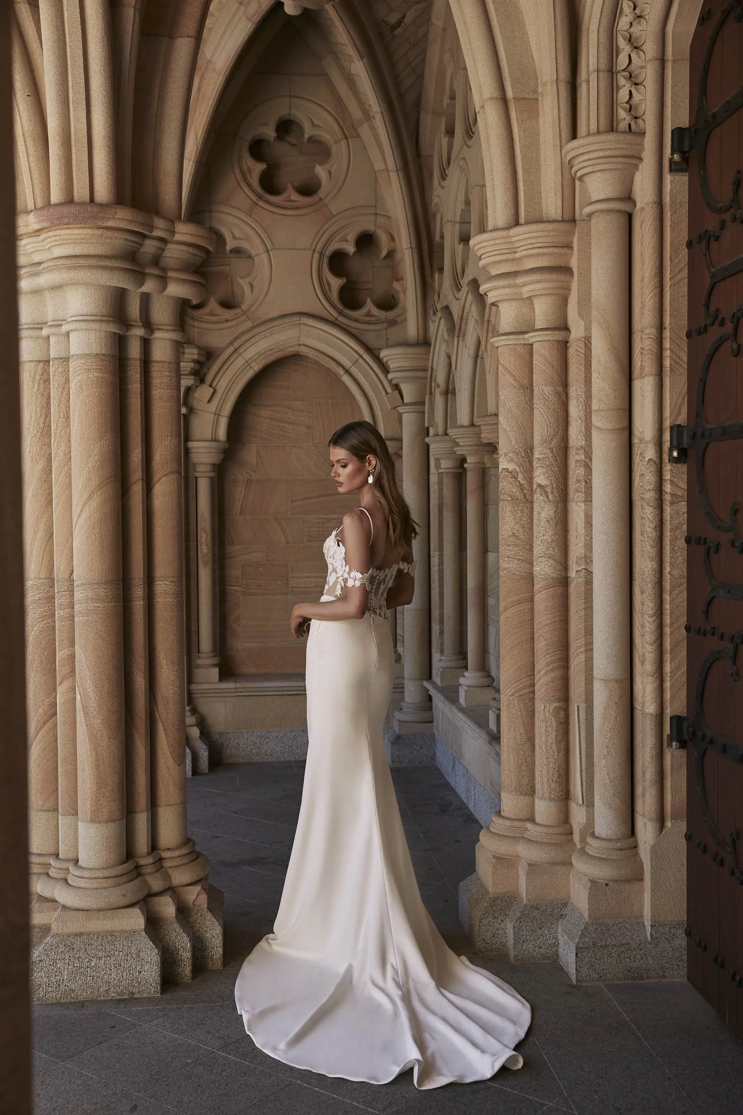 Evie Young Lexi EY319 slim silhouette wedding dress with illusion tulle bodice, exposed boning and floral lace