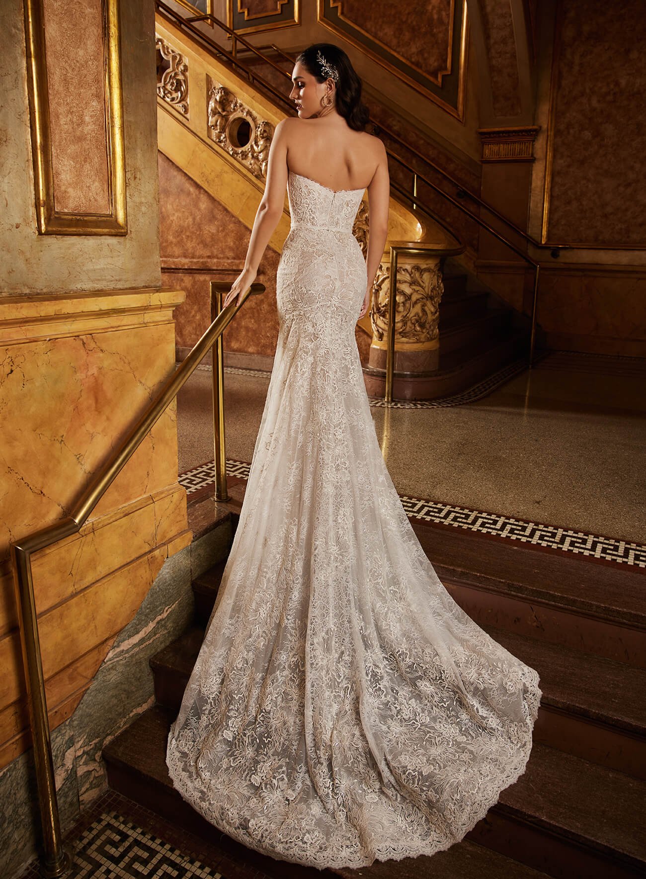 Calla Blanche Mona 1122113 strapless sweetheart sheath wedding dress with full floral lace and detachable sleeves