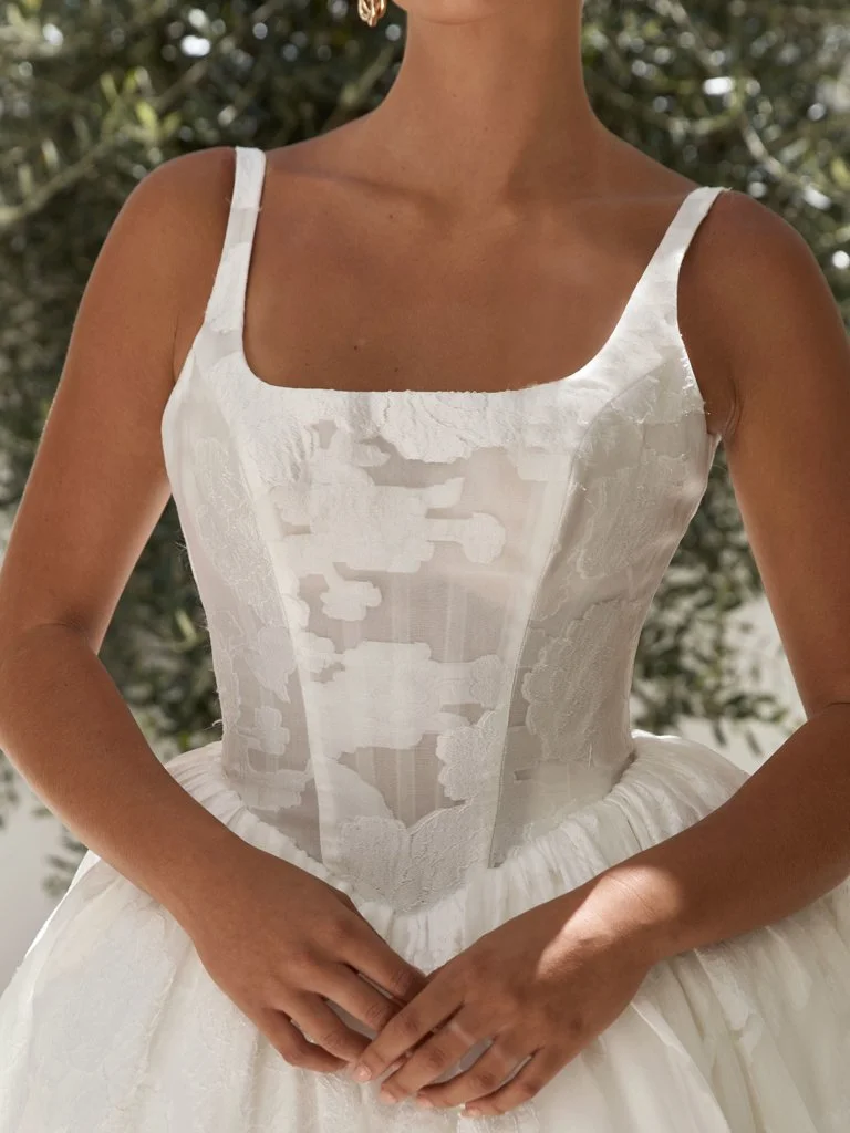 Serene Mirage A-line wedding dress with straight neckline, Basque waist, and floral Jacquard organza skirt