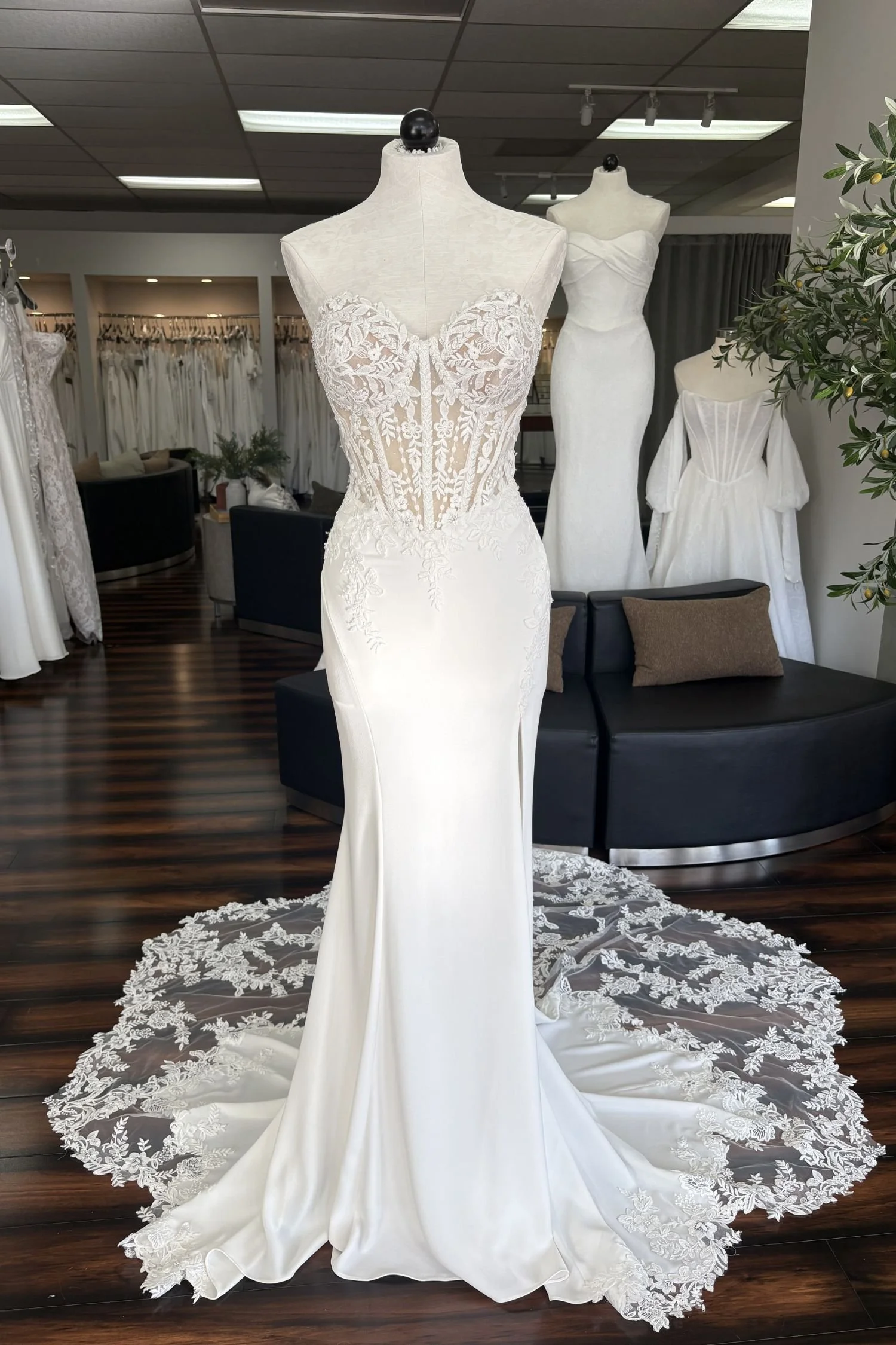 Strapless Crepe Fit & Flare with Lace