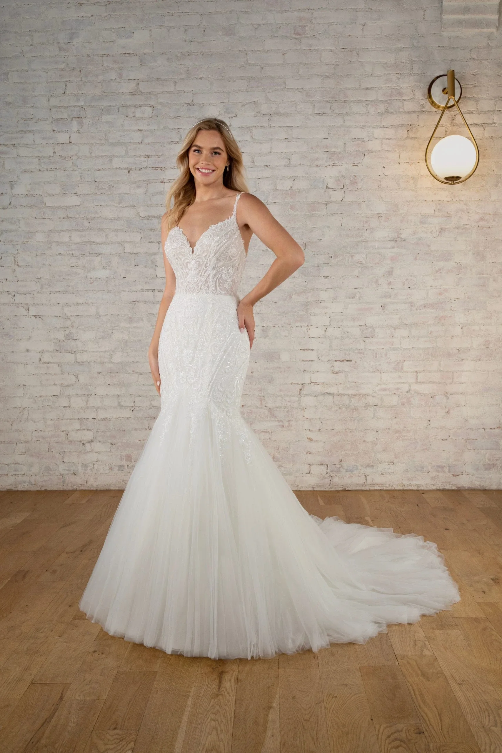 Sexy Graphic Lace and Tulle Fit-and-Flare Wedding Dress with Spaghetti Straps