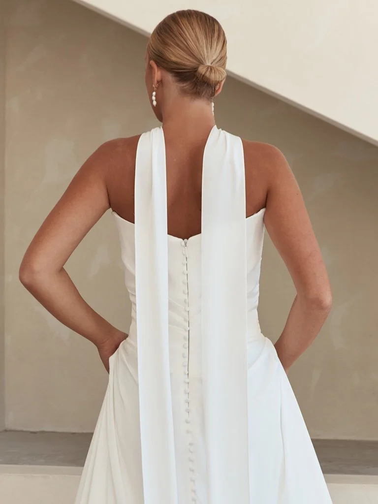 Serene Delight A-line wedding dress with scoop neckline, Basque waist, luxe satin, and detachable straps