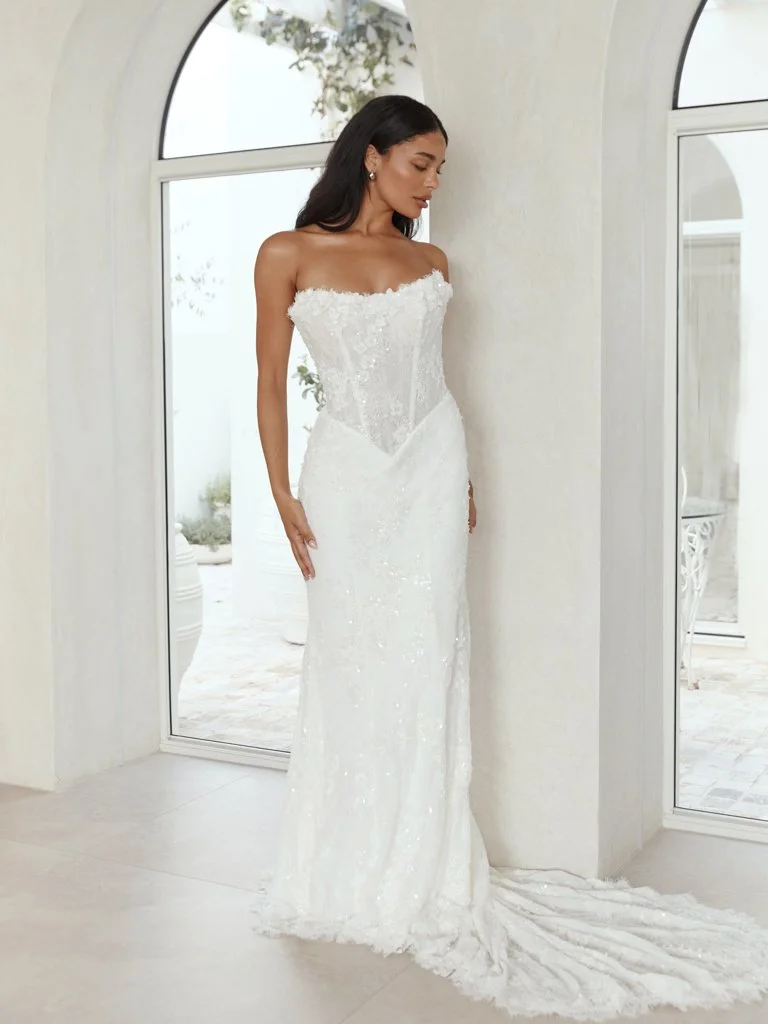 Serene Vendela fit-and-flare wedding dress with scoop neckline, 3D floral motifs, sequin lace, and Basque waist