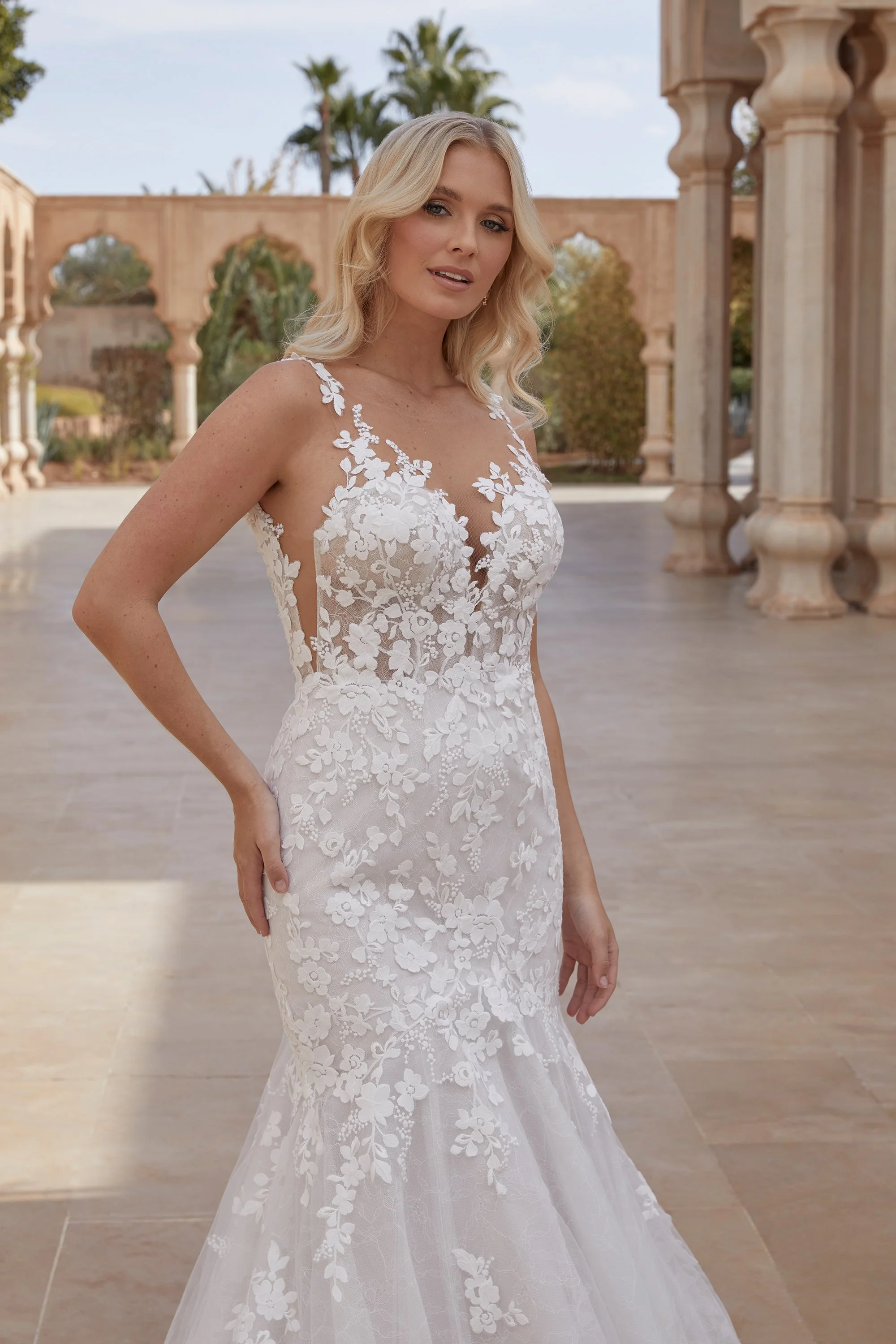 Sincerity Bridal 44434 lace trumpet gown with illusion Sabrina neckline, V-side cutouts and low V-back